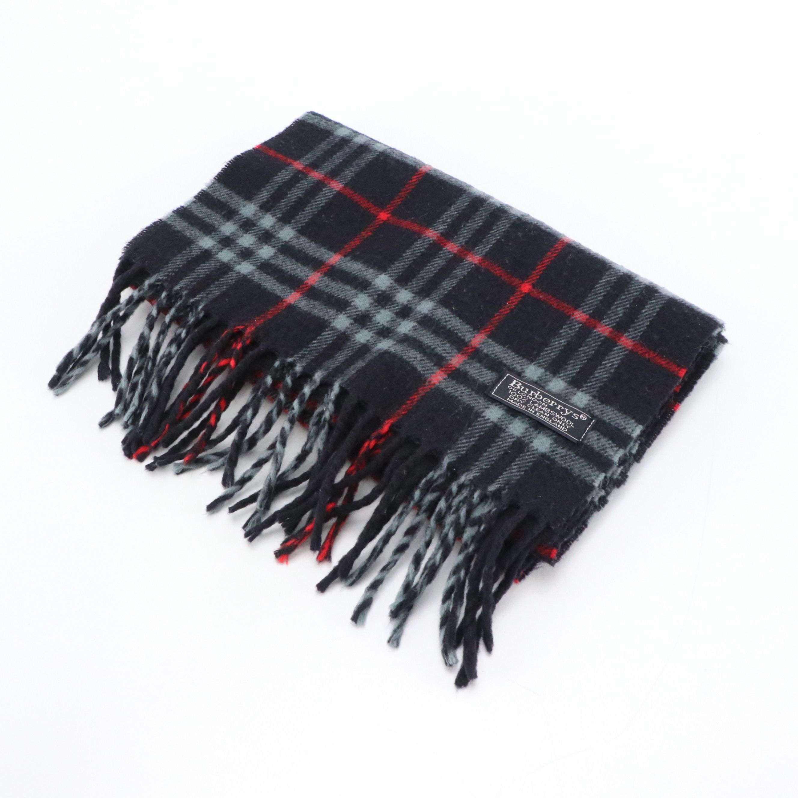 Burberrys Navy House Check Lambswool Fringed Scarf