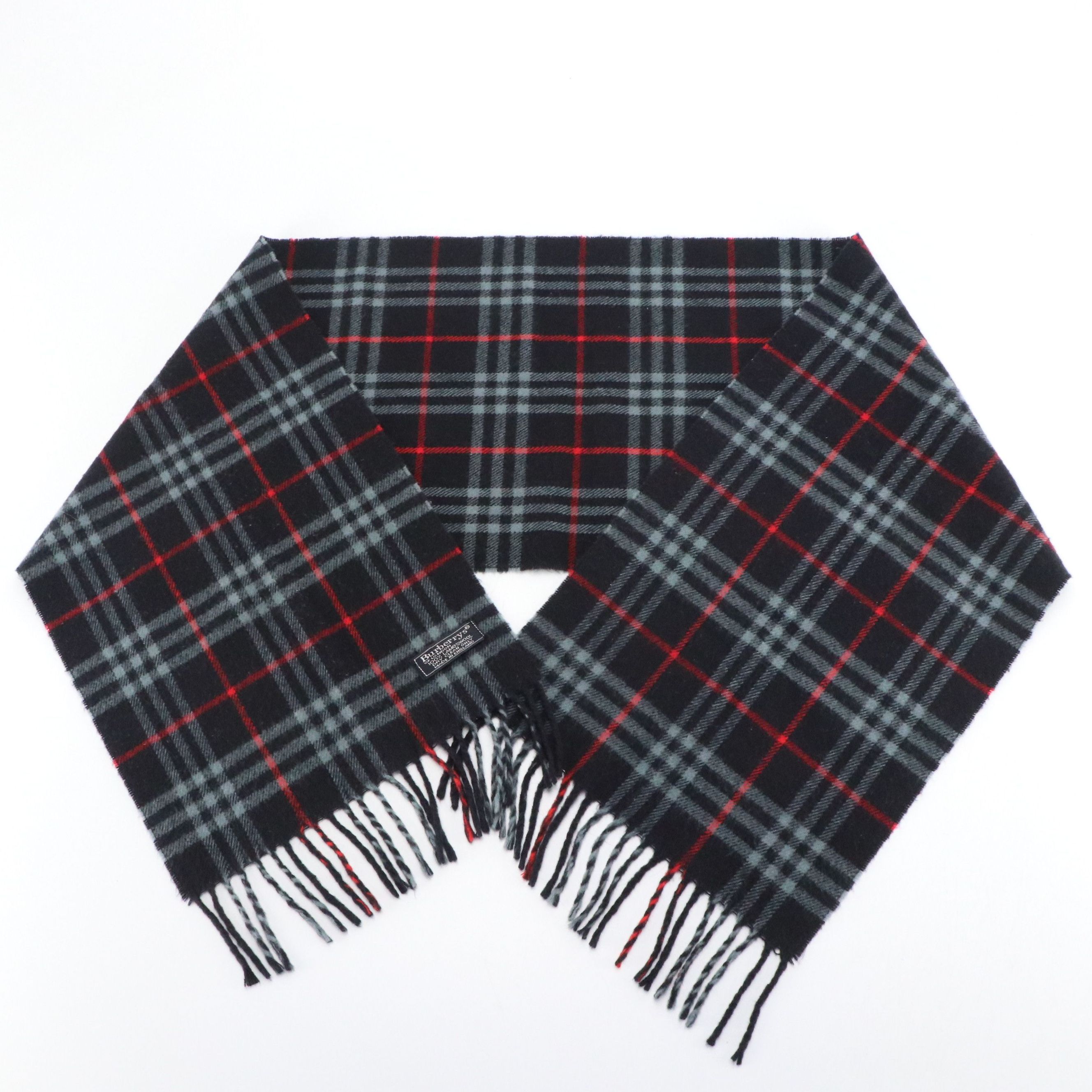 Burberrys Navy House Check Lambswool Fringed Scarf