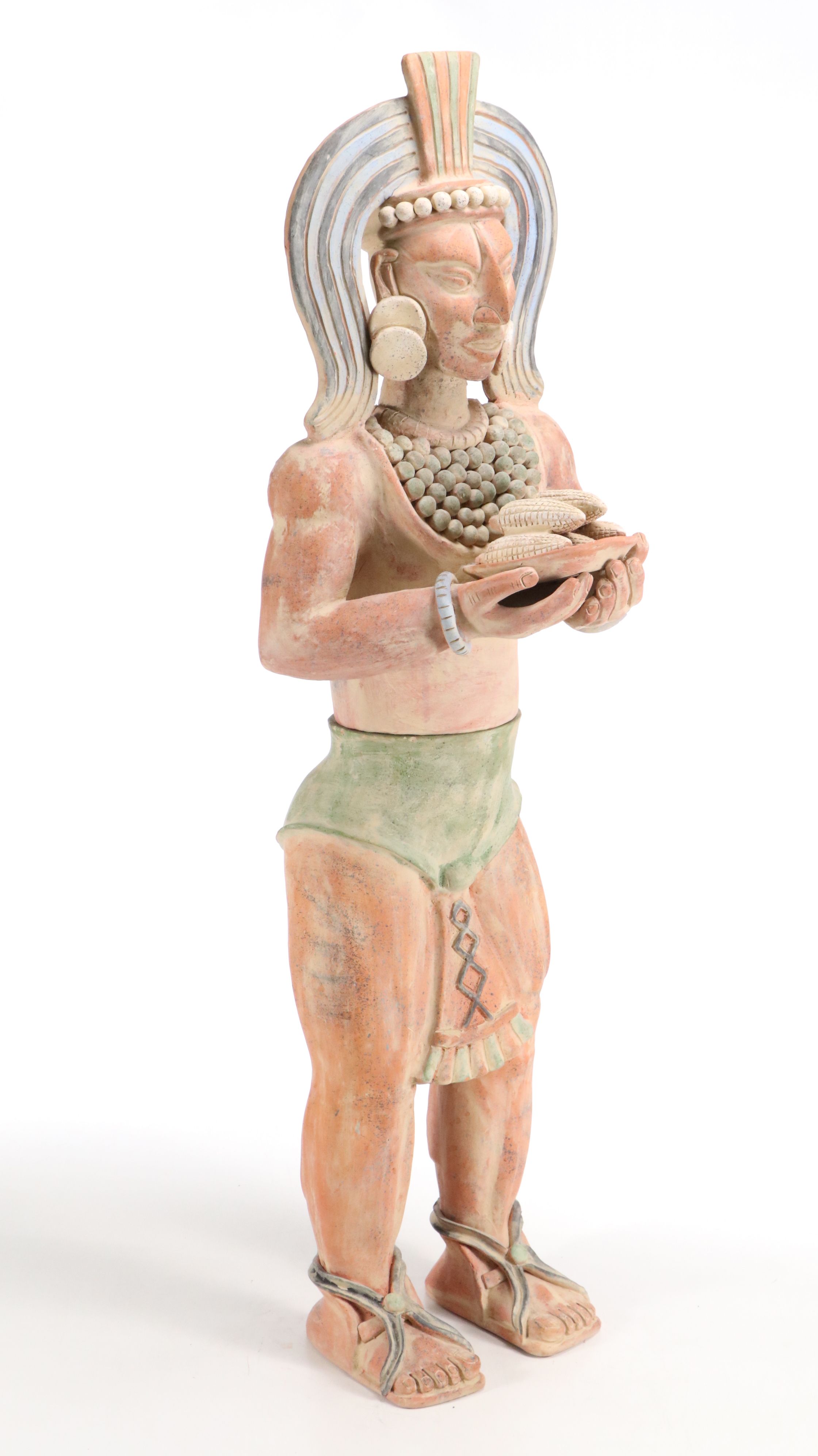 Aztec Style Terracotta Sculpture of Warrior with Corn Offering