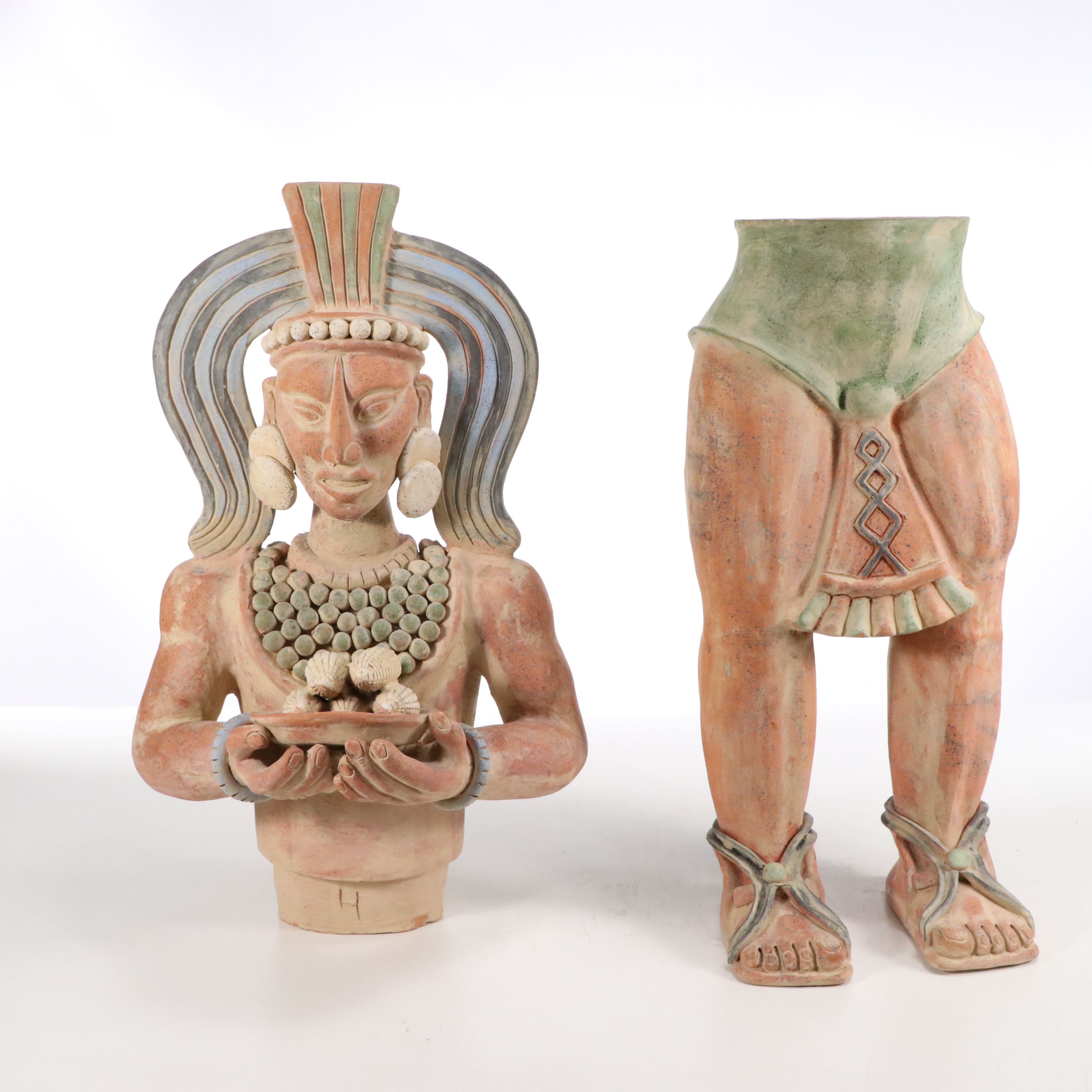 Aztec Style Terracotta Sculpture of Warrior with Corn Offering
