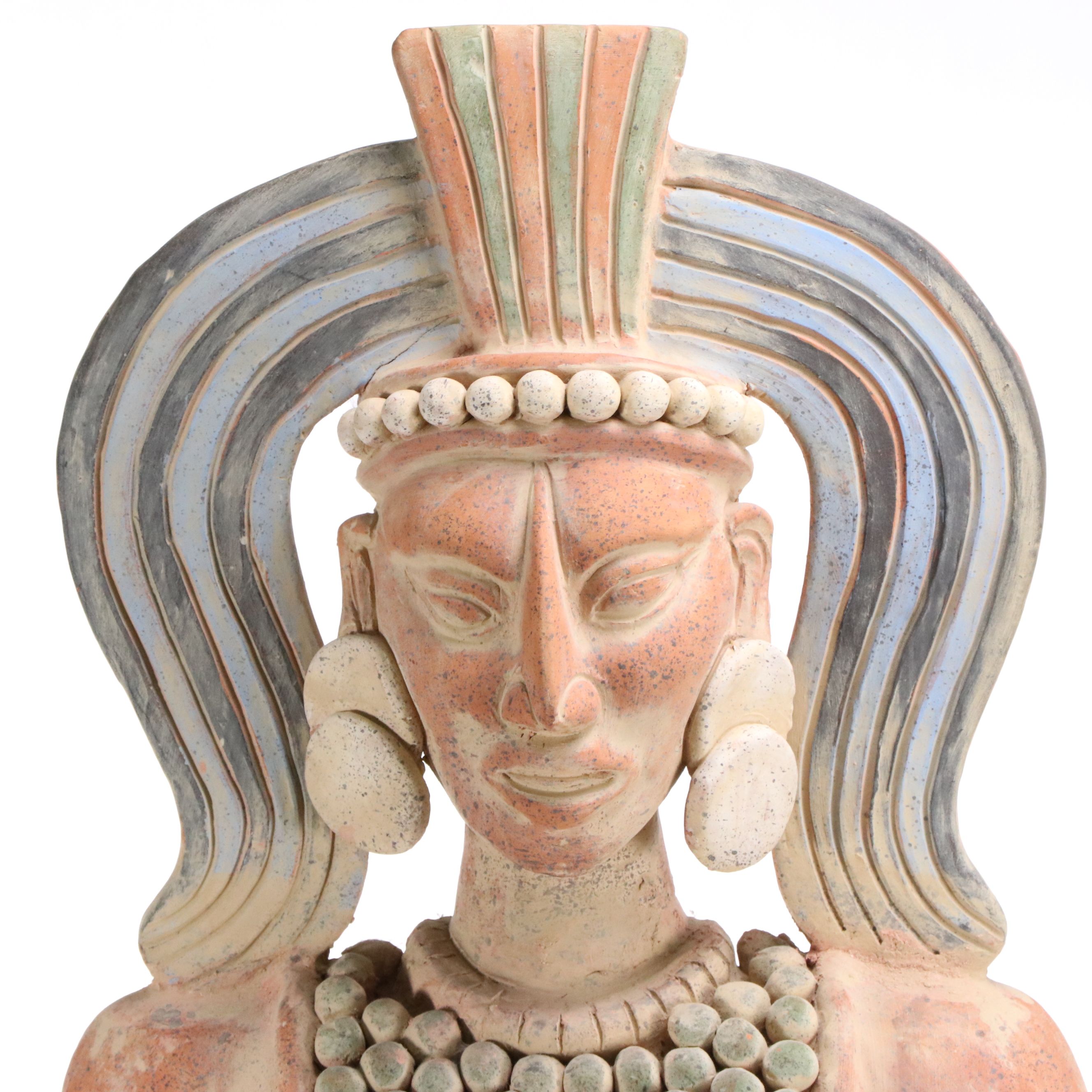 Aztec Style Terracotta Sculpture of Warrior with Corn Offering