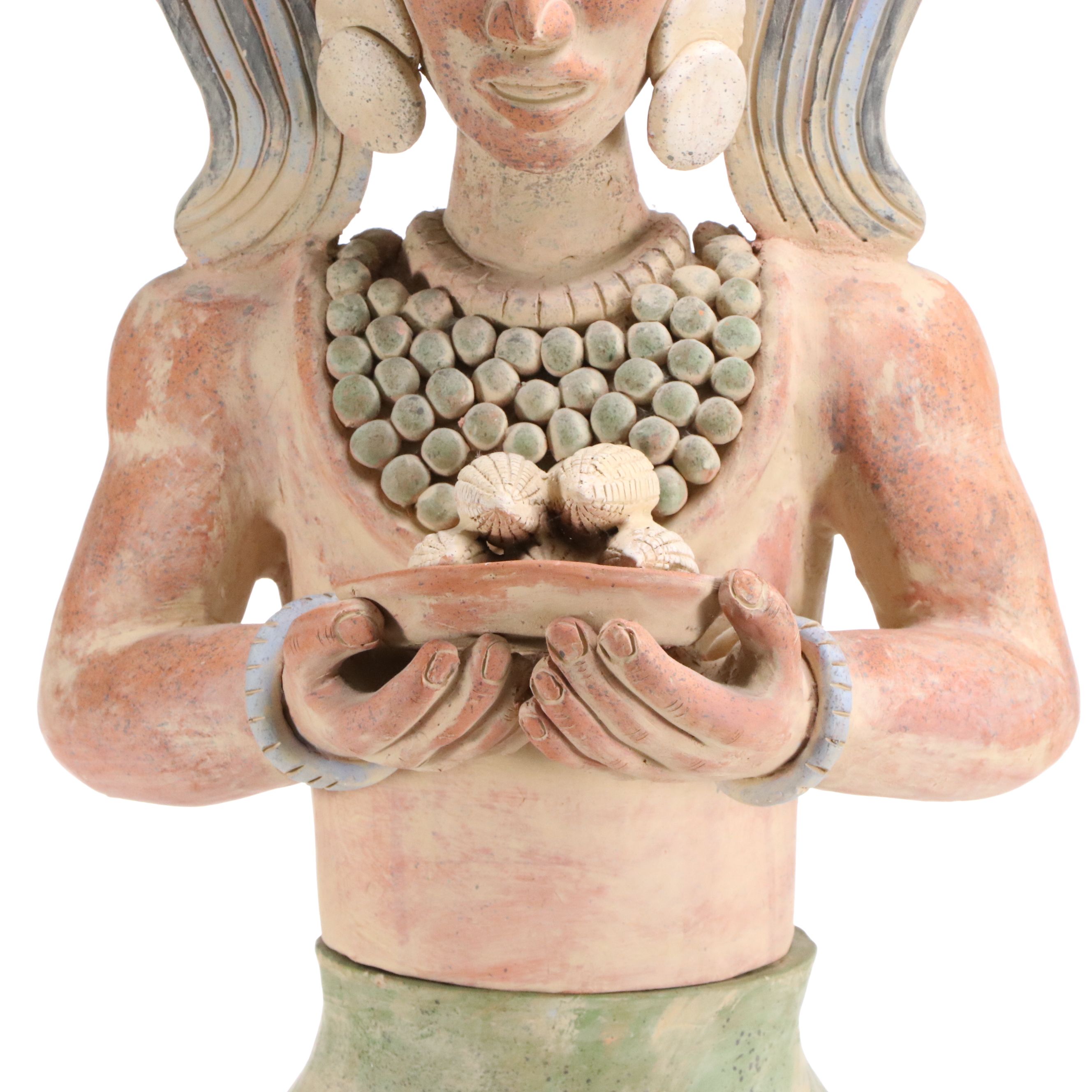 Aztec Style Terracotta Sculpture of Warrior with Corn Offering