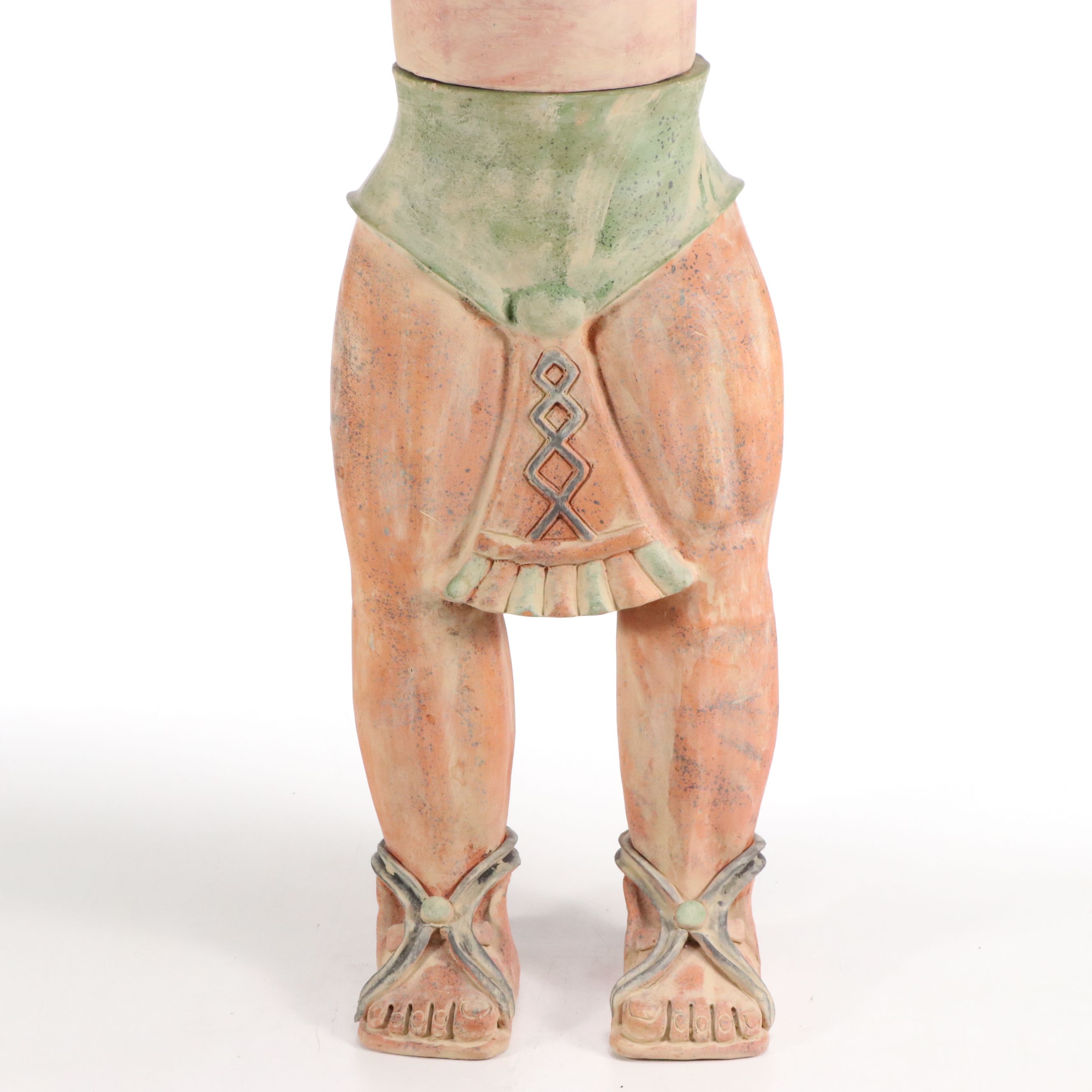 Aztec Style Terracotta Sculpture of Warrior with Corn Offering