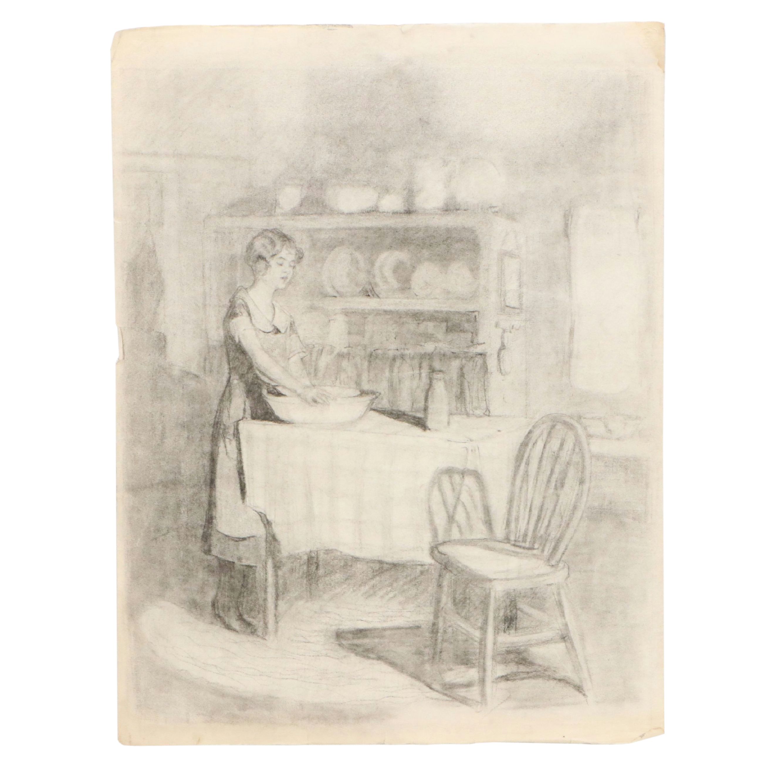 Gertrude Horton Domestic Scene Charcoal Drawings, Circa 1935