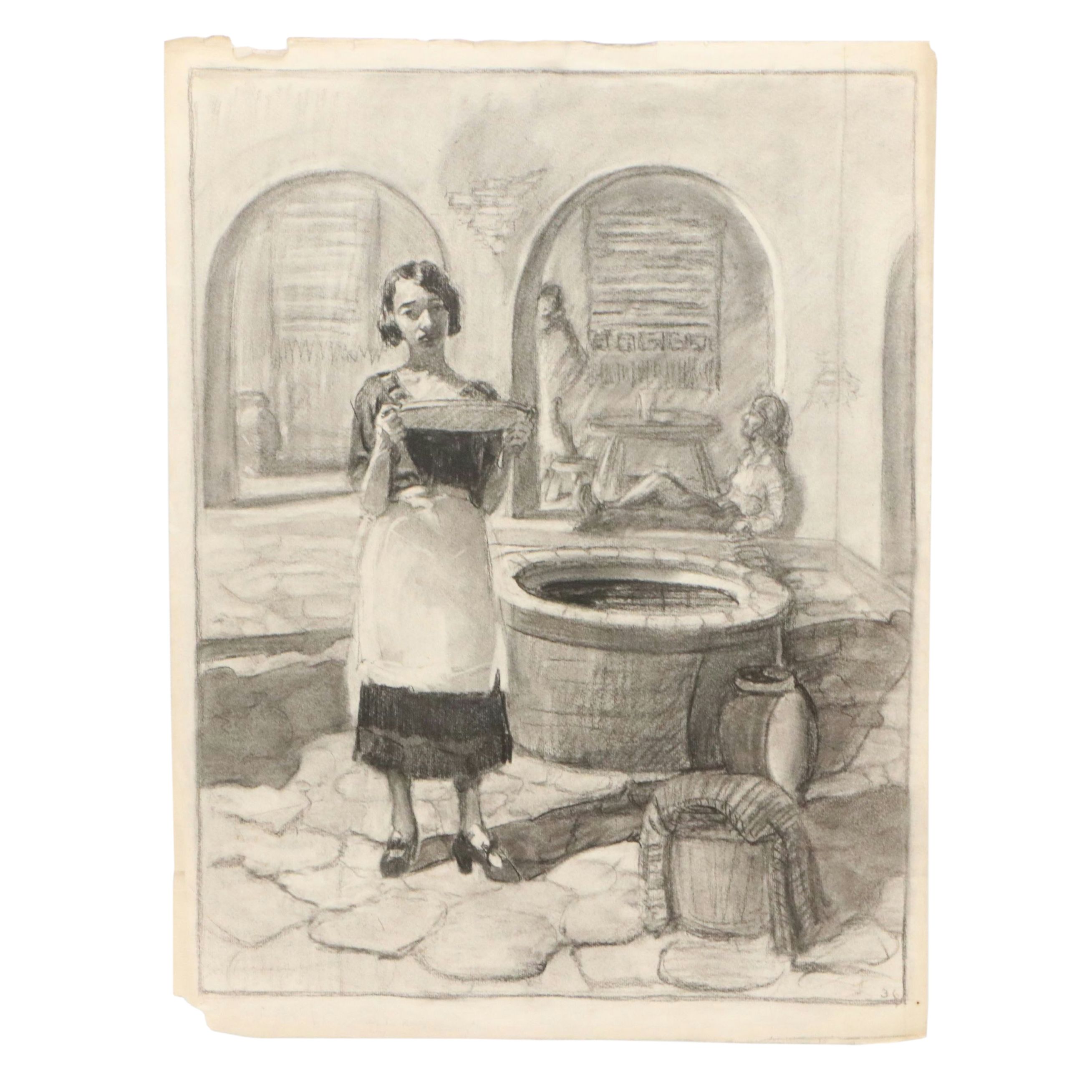 Gertrude Horton Domestic Scene Charcoal Drawings, Circa 1935