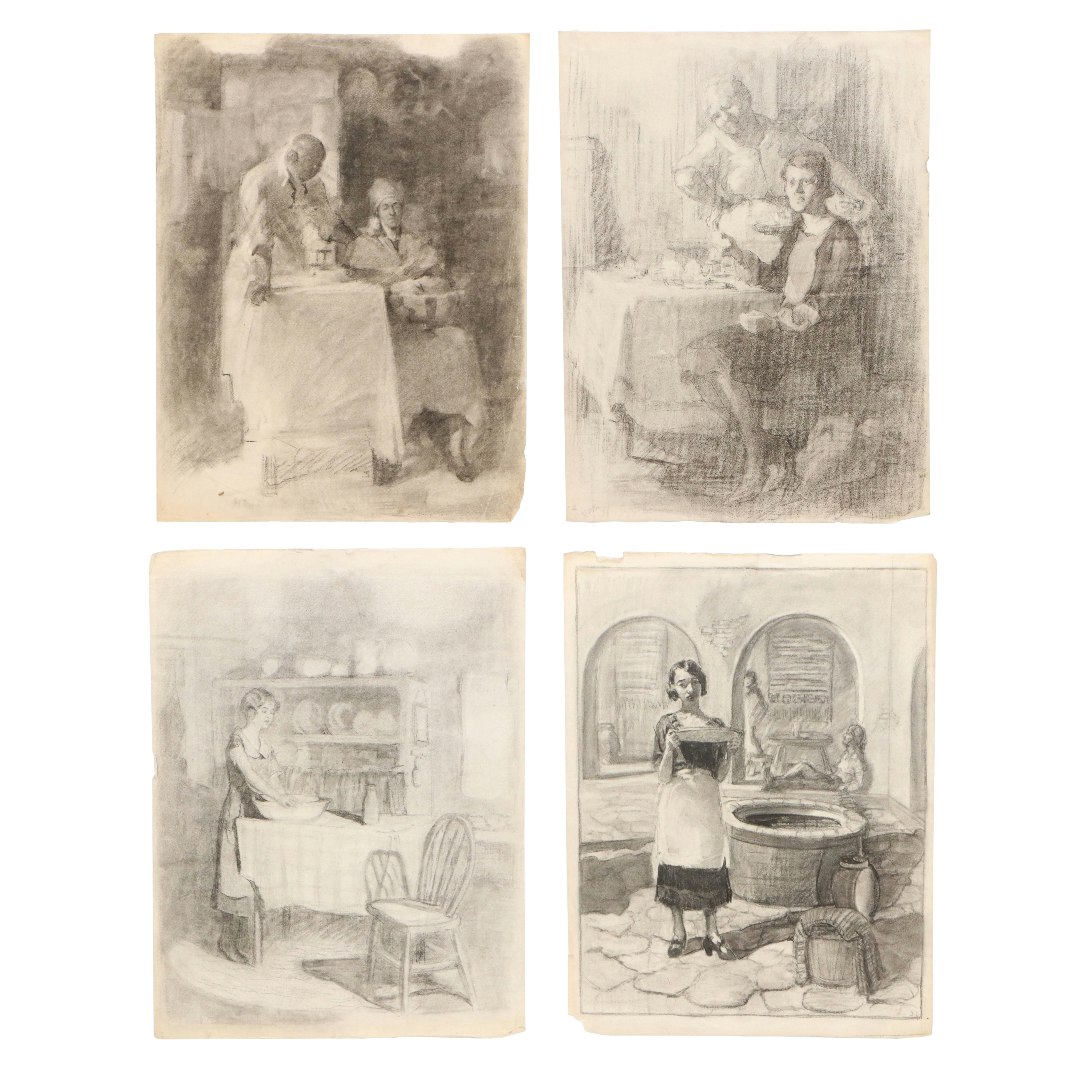 Gertrude Horton Domestic Scene Charcoal Drawings, Circa 1935