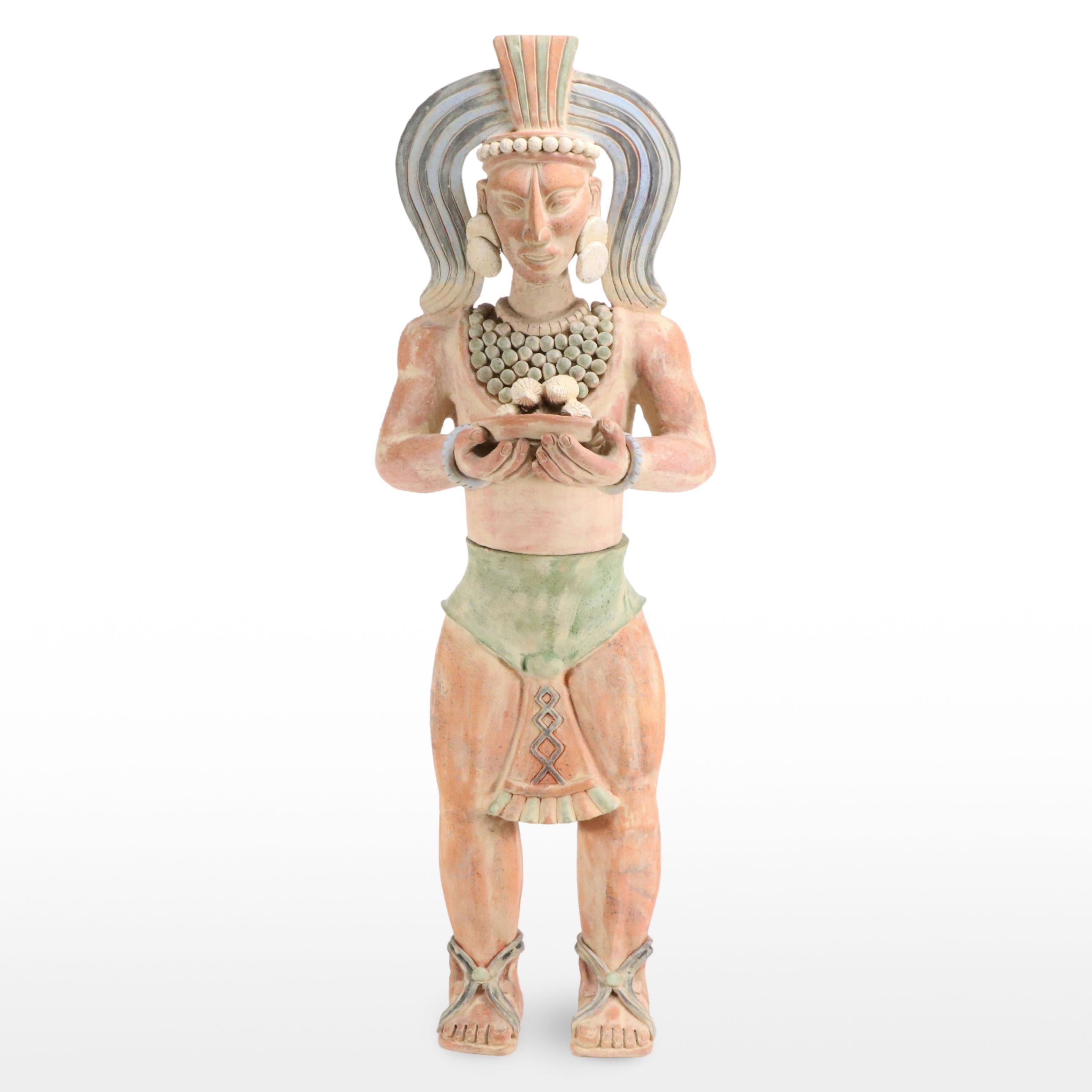 Aztec Style Terracotta Sculpture of Warrior with Corn Offering
