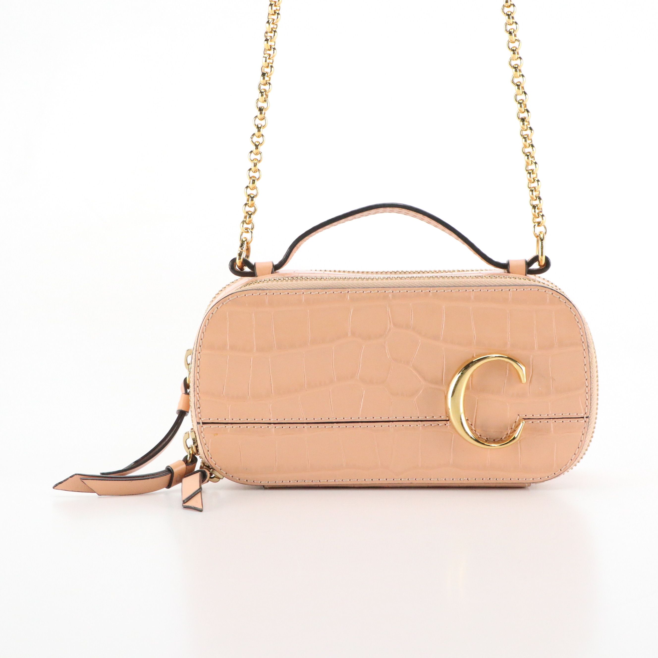 Chloé Mini C Double-Zip Vanity Bag in Peachy Pink Croc Embossed Leather