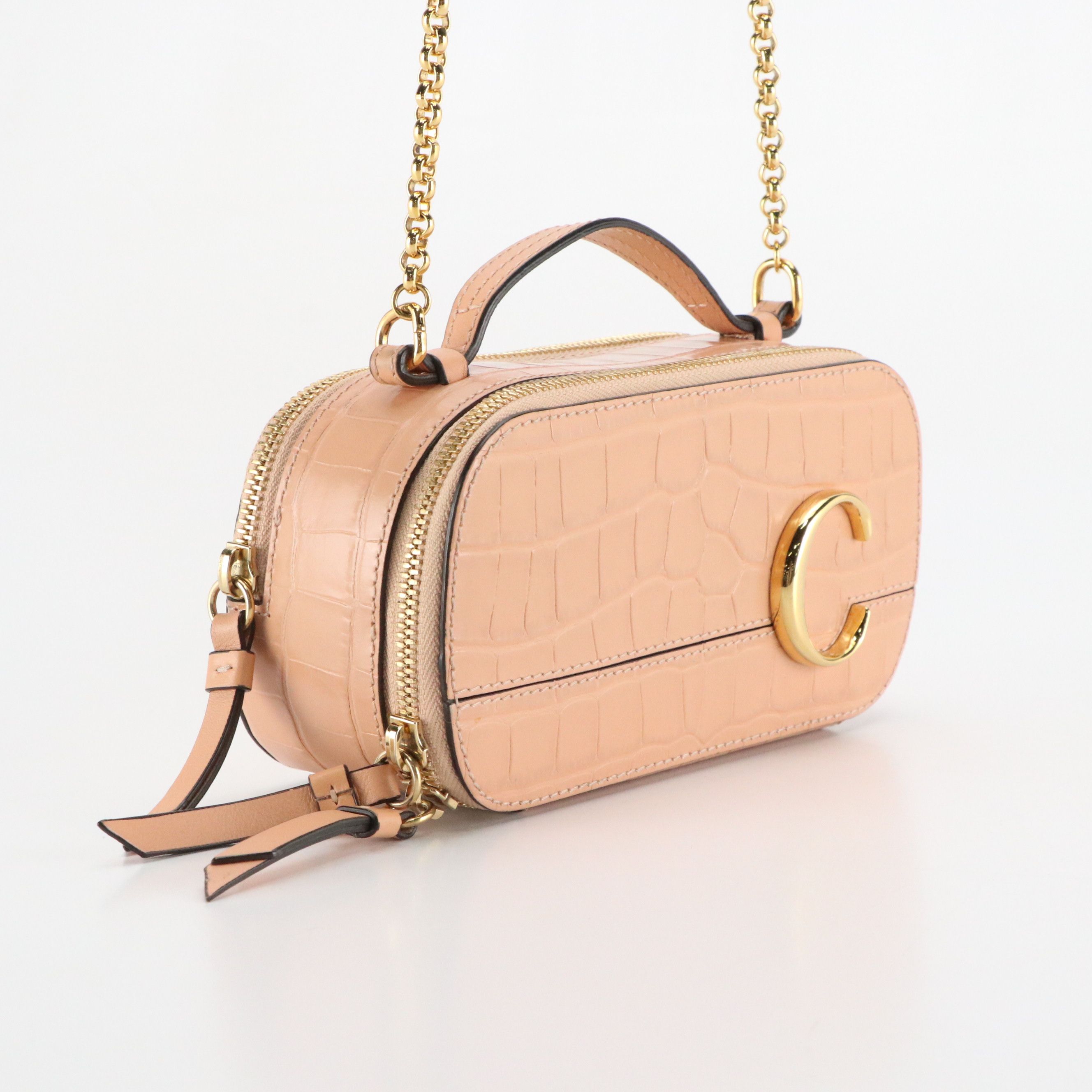 Chloé Mini C Double-Zip Vanity Bag in Peachy Pink Croc Embossed Leather