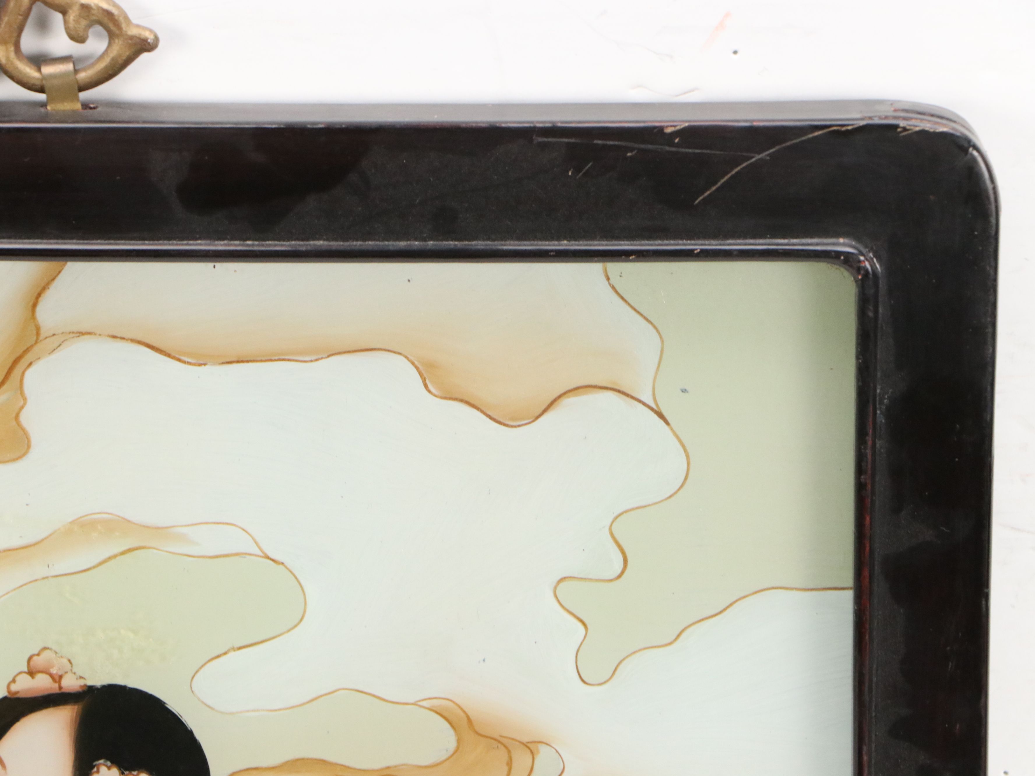 East Asian Reverse Glass Painting of Woman and Tiger