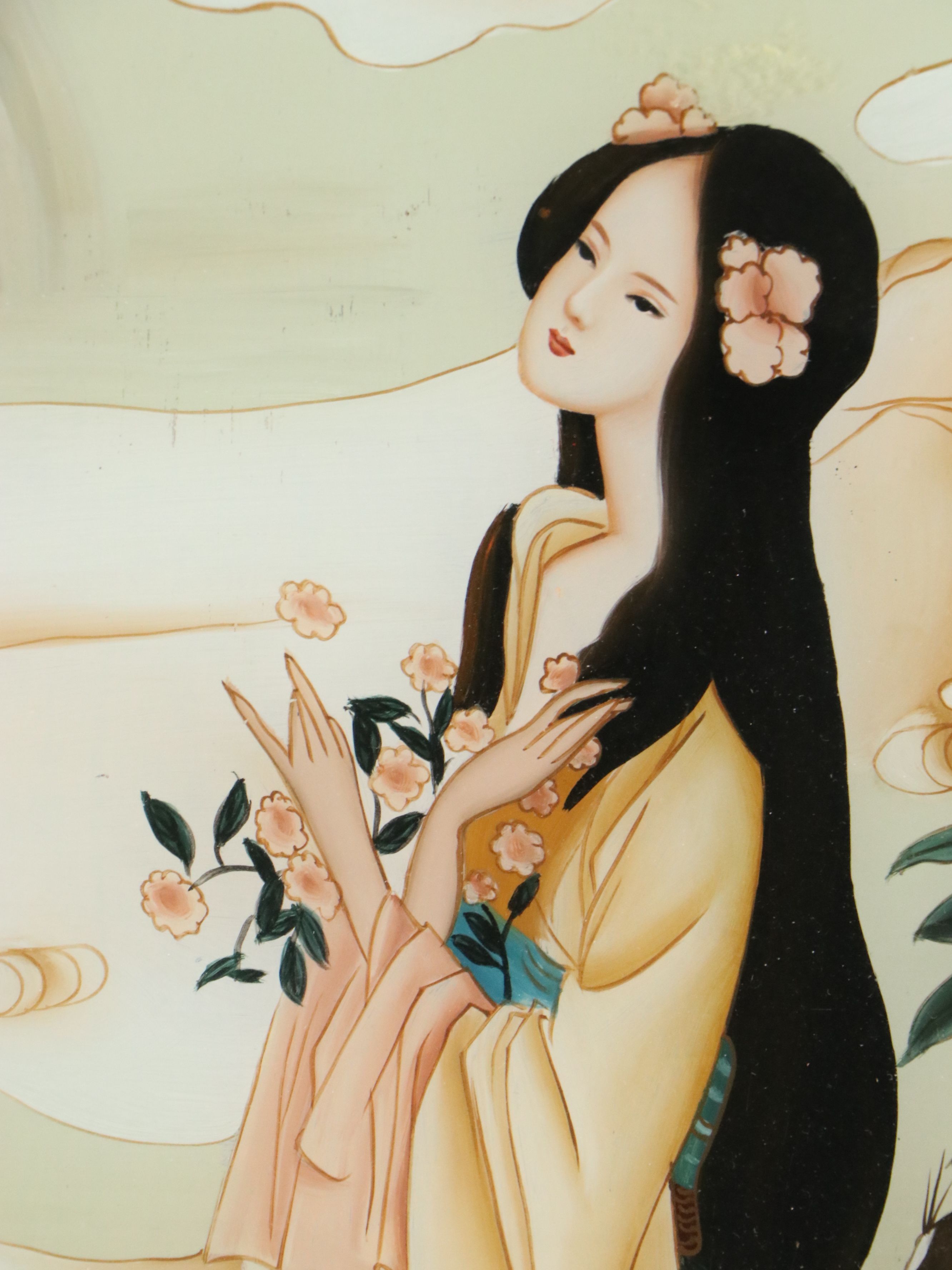 East Asian Reverse Glass Painting of Woman and Tiger