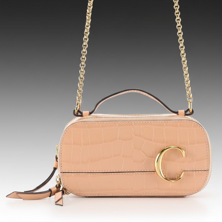 Chloé Mini C Double-Zip Vanity Bag in Peachy Pink Croc Embossed Leather