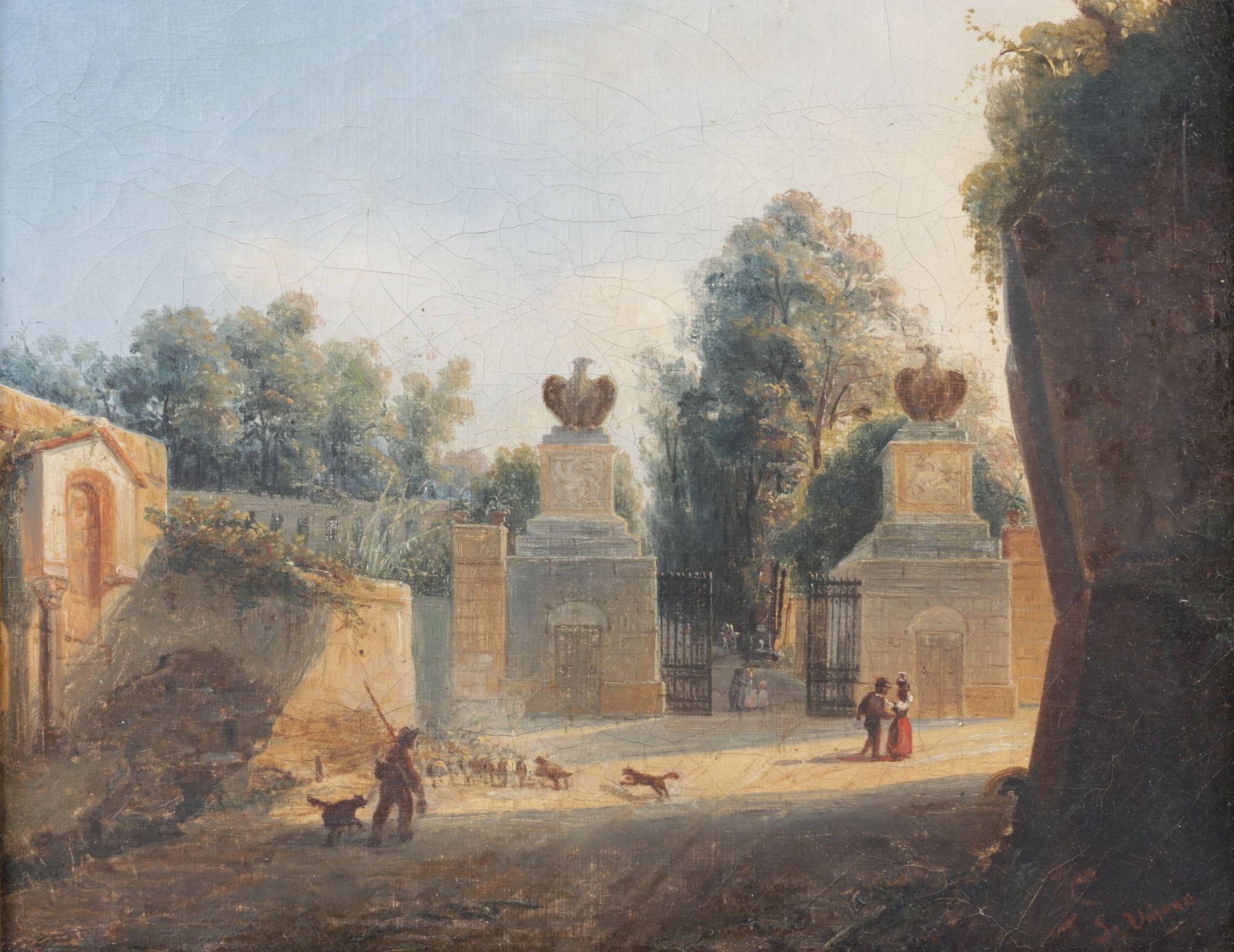 Landscape Oil Painting Of Shaded European Backroads, Early/Mid-20th Century