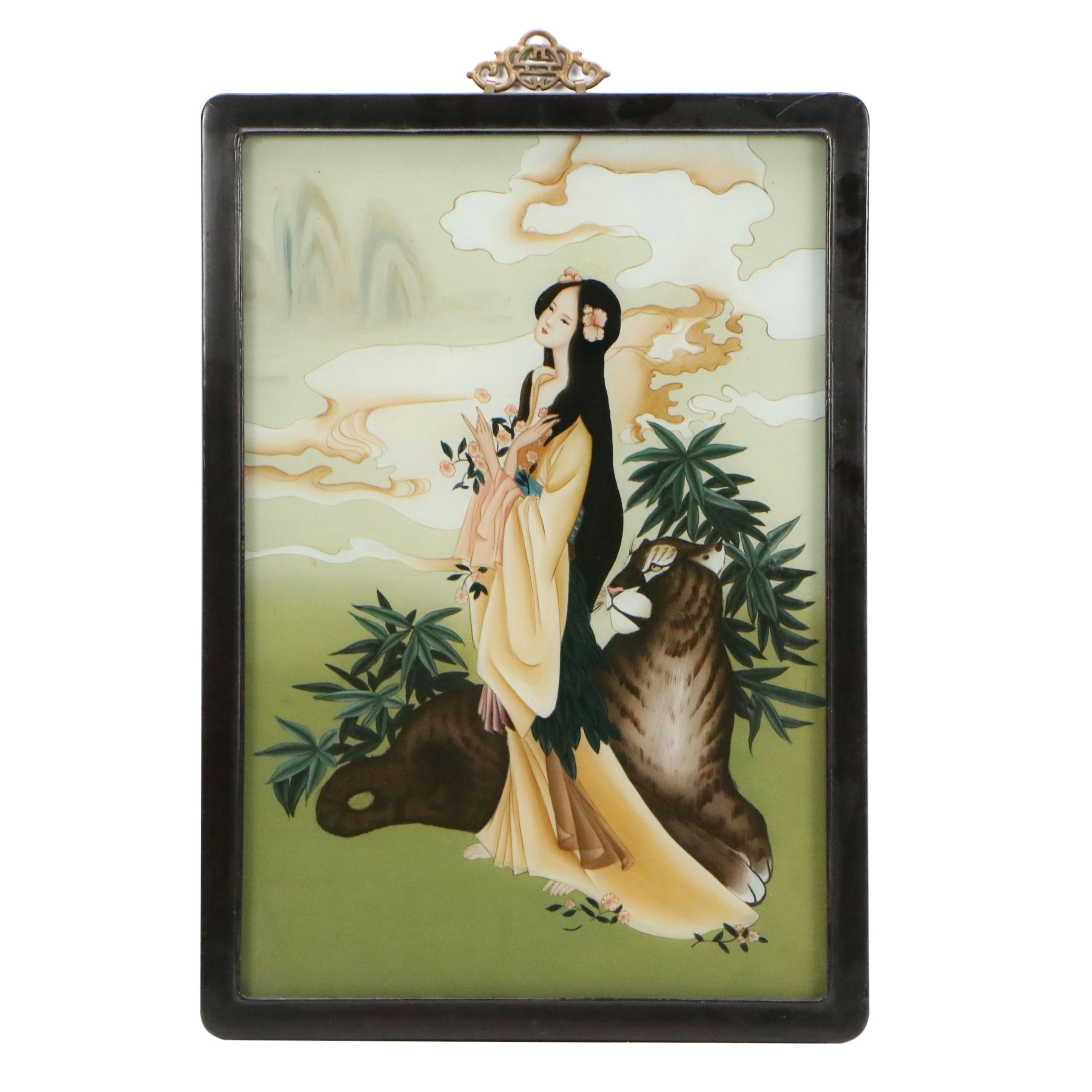 East Asian Reverse Glass Painting of Woman and Tiger