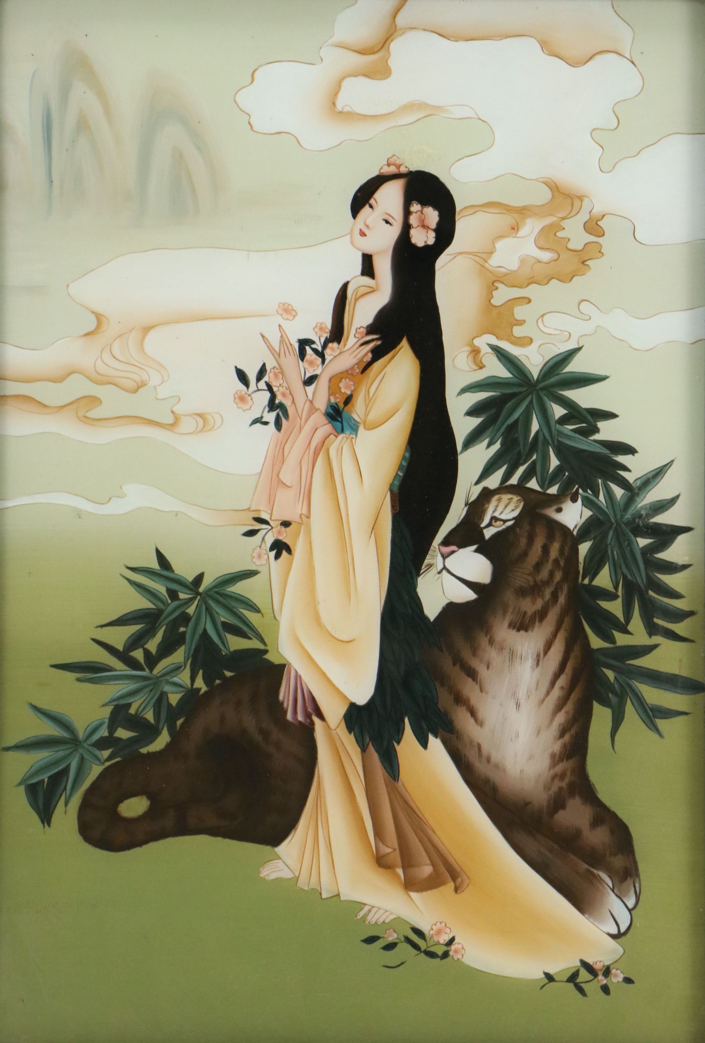 East Asian Reverse Glass Painting of Woman and Tiger