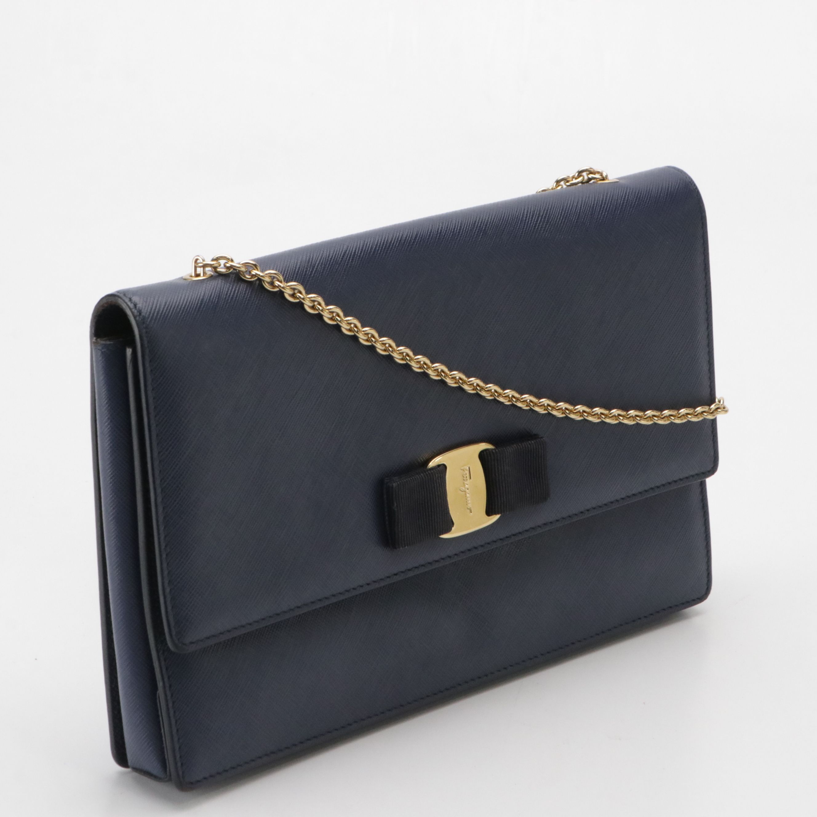 Salvatore Ferragamo Vara Bow Flap Crossbody Bag in Navy Blue Saffiano Leather