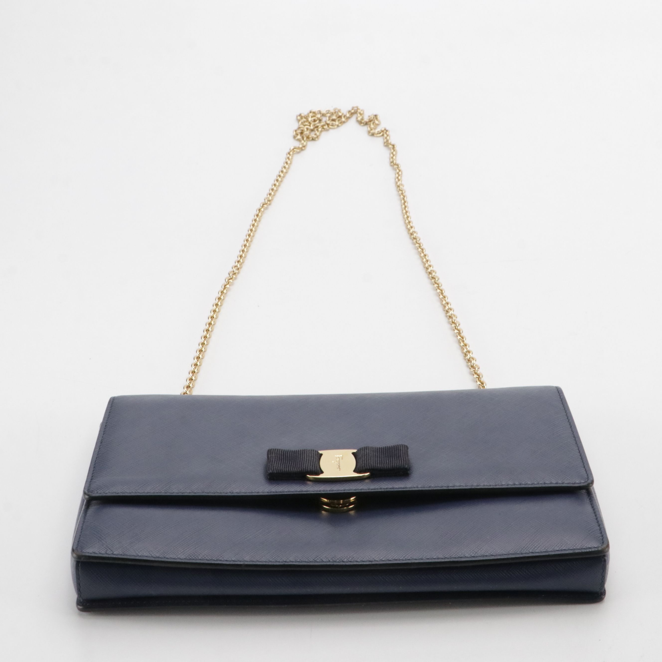 Salvatore Ferragamo Vara Bow Flap Crossbody Bag in Navy Blue Saffiano Leather
