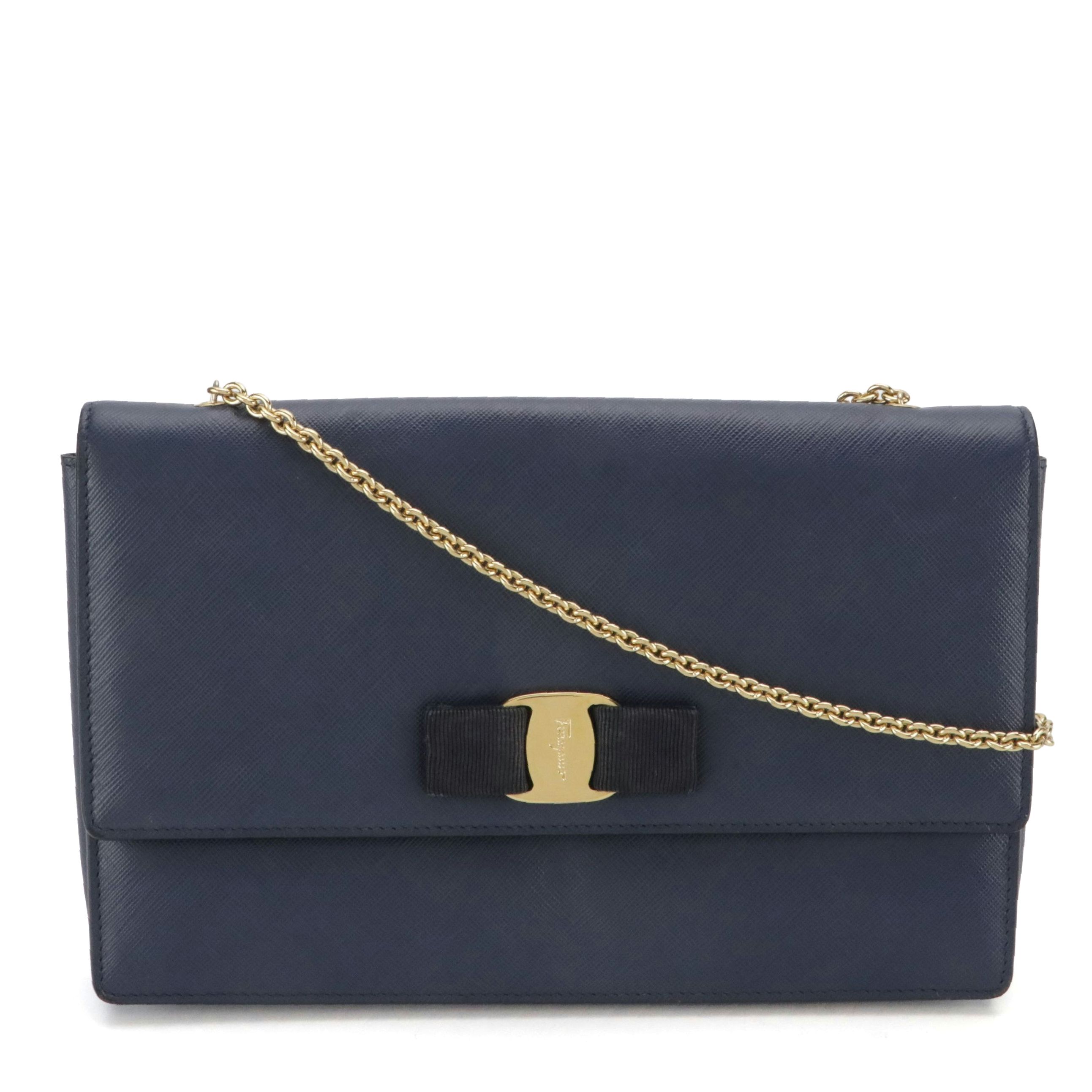 Salvatore Ferragamo Vara Bow Flap Crossbody Bag in Navy Blue Saffiano Leather