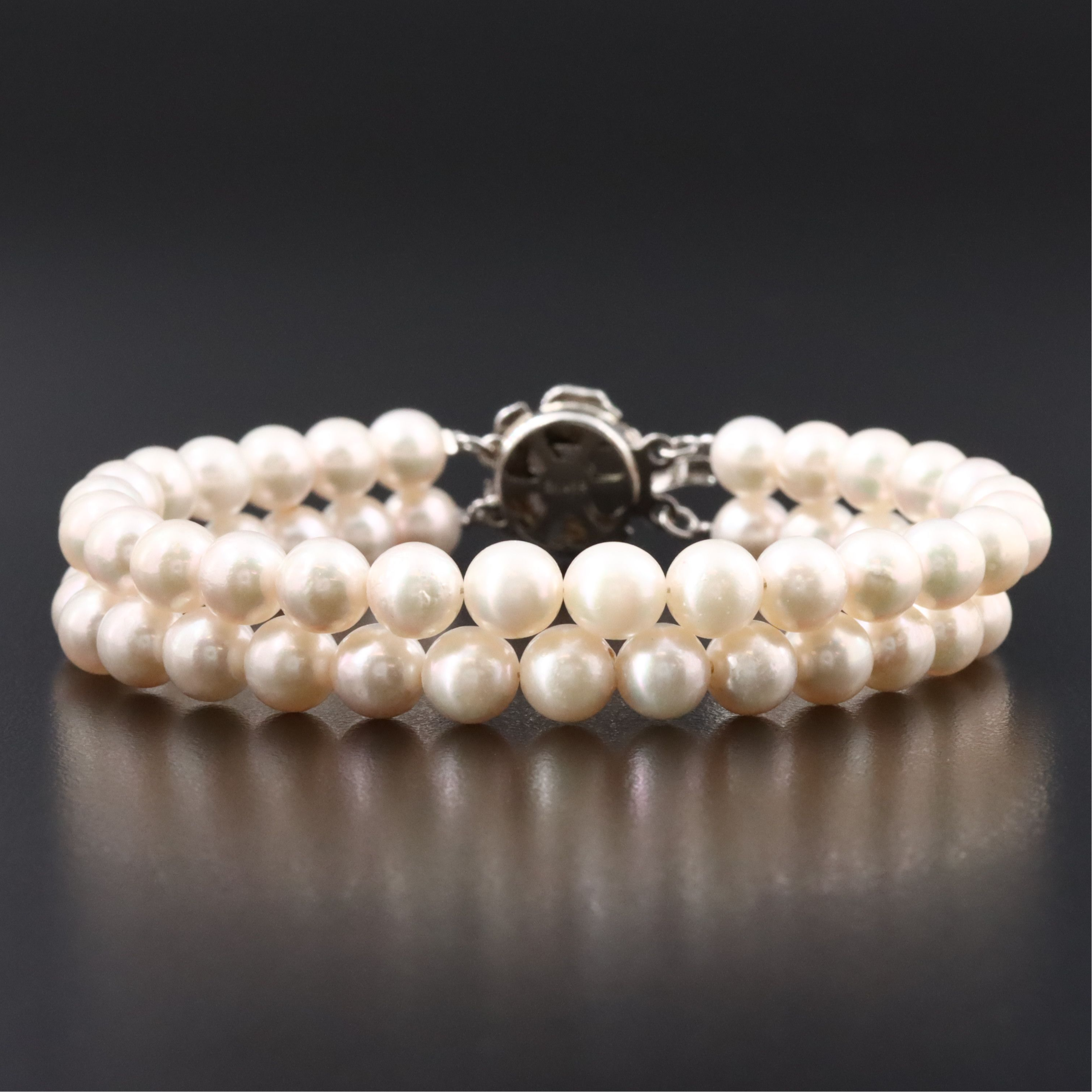 Double Strand Pearl Bracelet with Flower Clasp