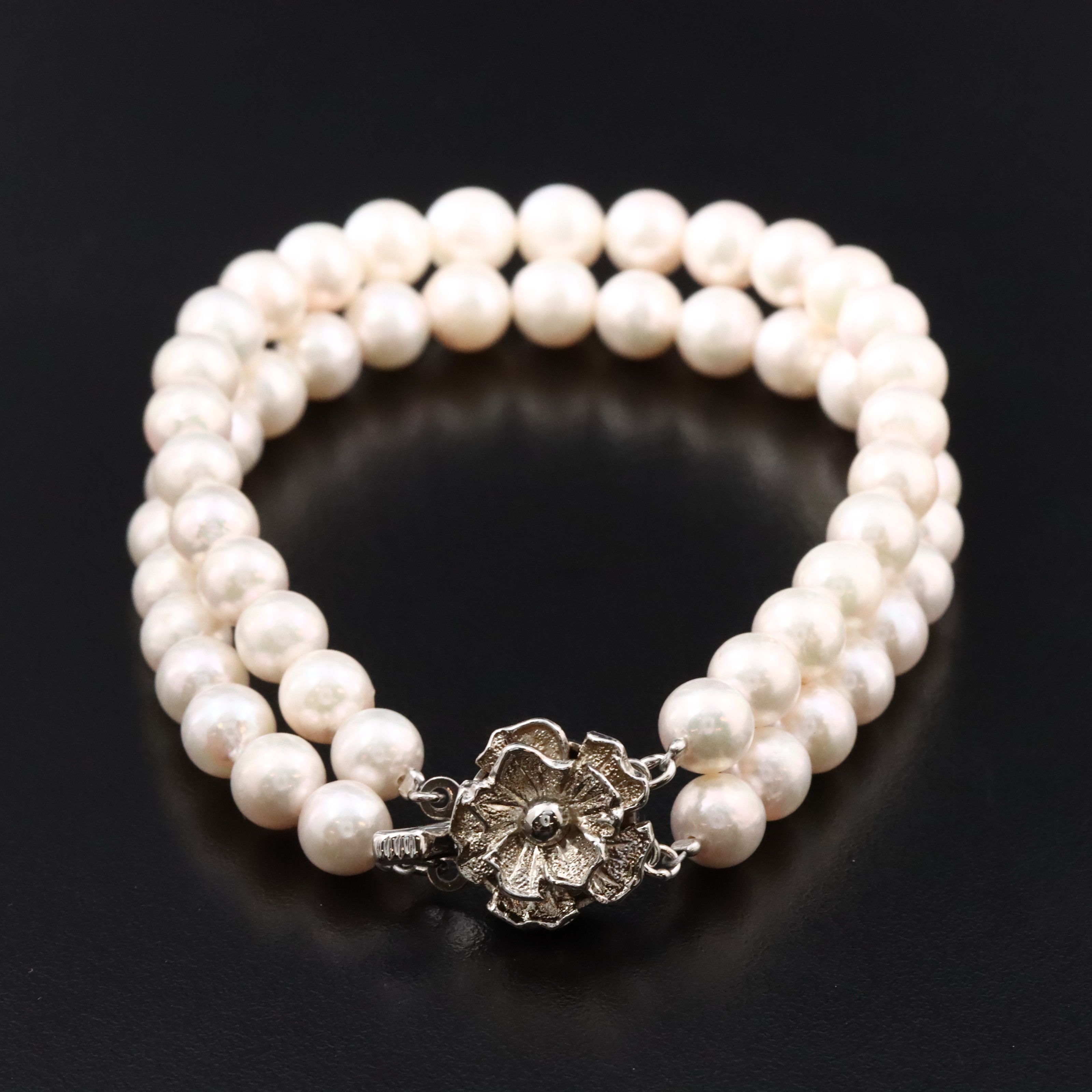Double Strand Pearl Bracelet with Flower Clasp