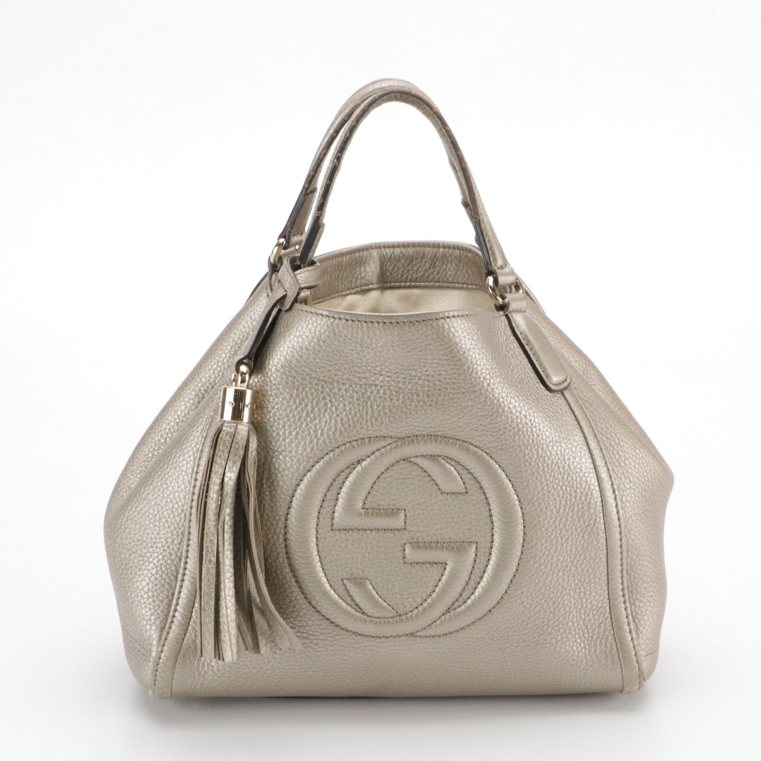 Gucci Small Soho Two-Way Tote Bag in Metallic Silver Pebbled Leather