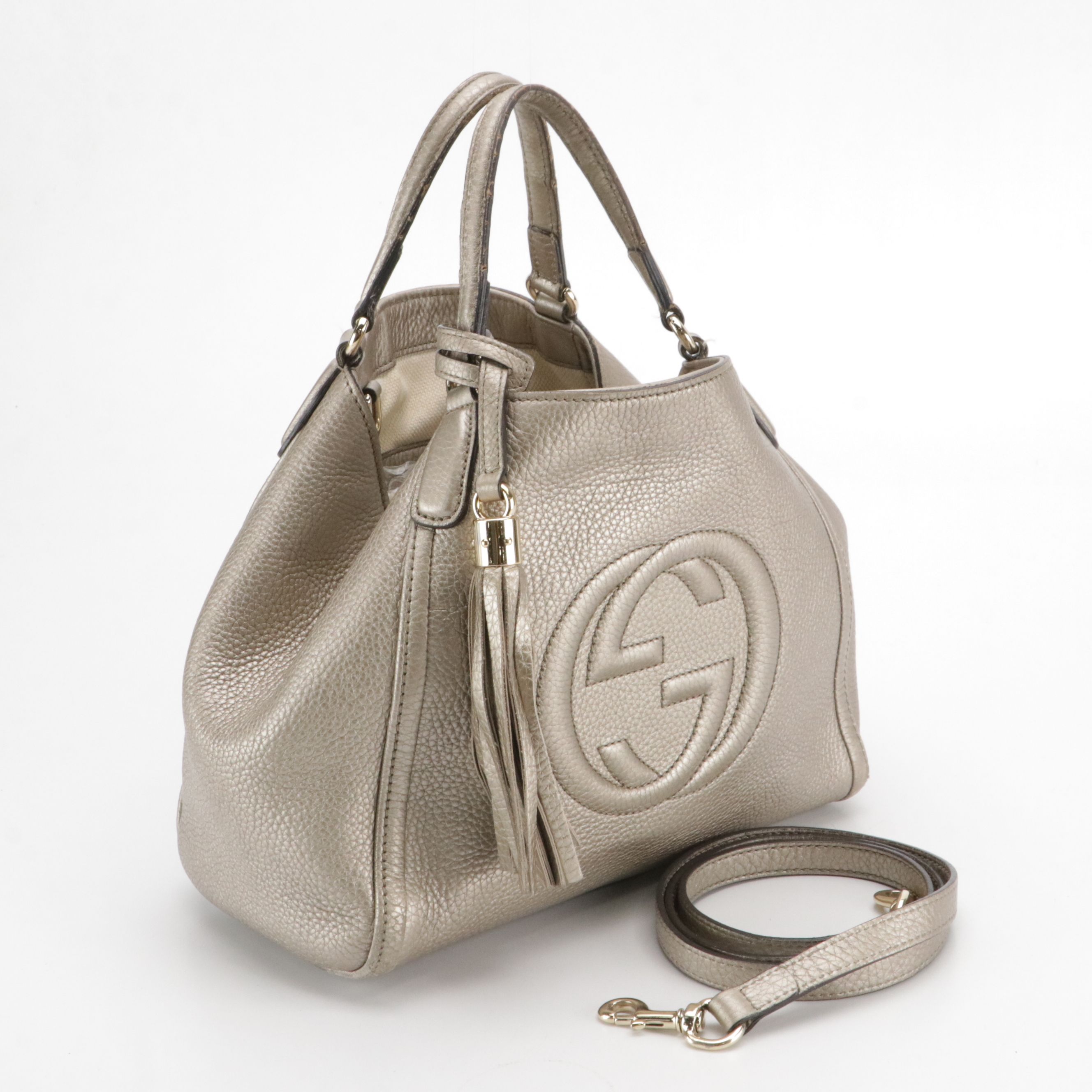 Gucci Small Soho Two-Way Tote Bag in Metallic Silver Pebbled Leather