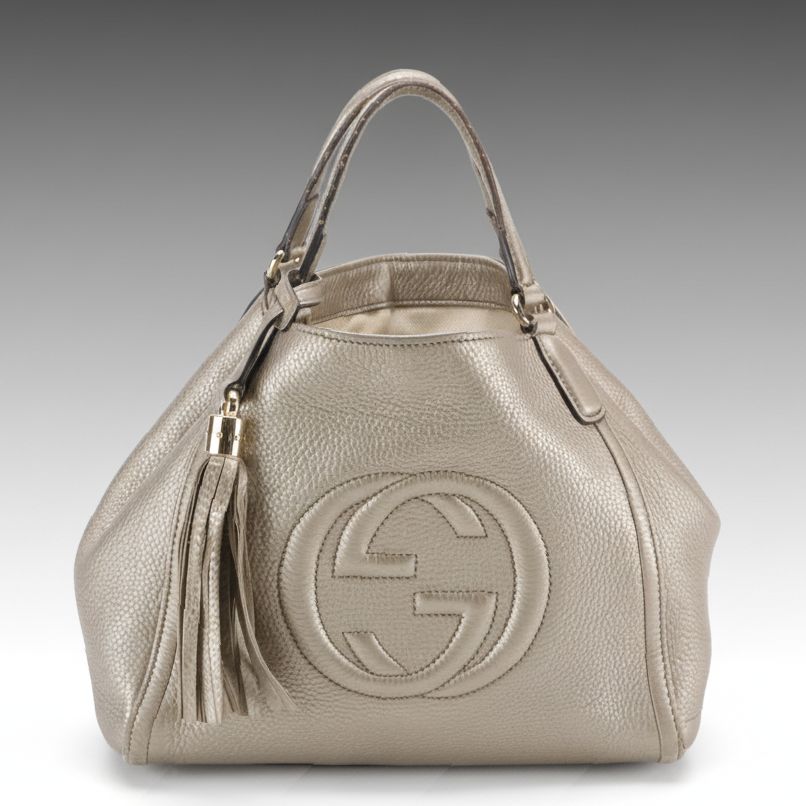 Gucci Small Soho Two-Way Tote Bag in Metallic Silver Pebbled Leather