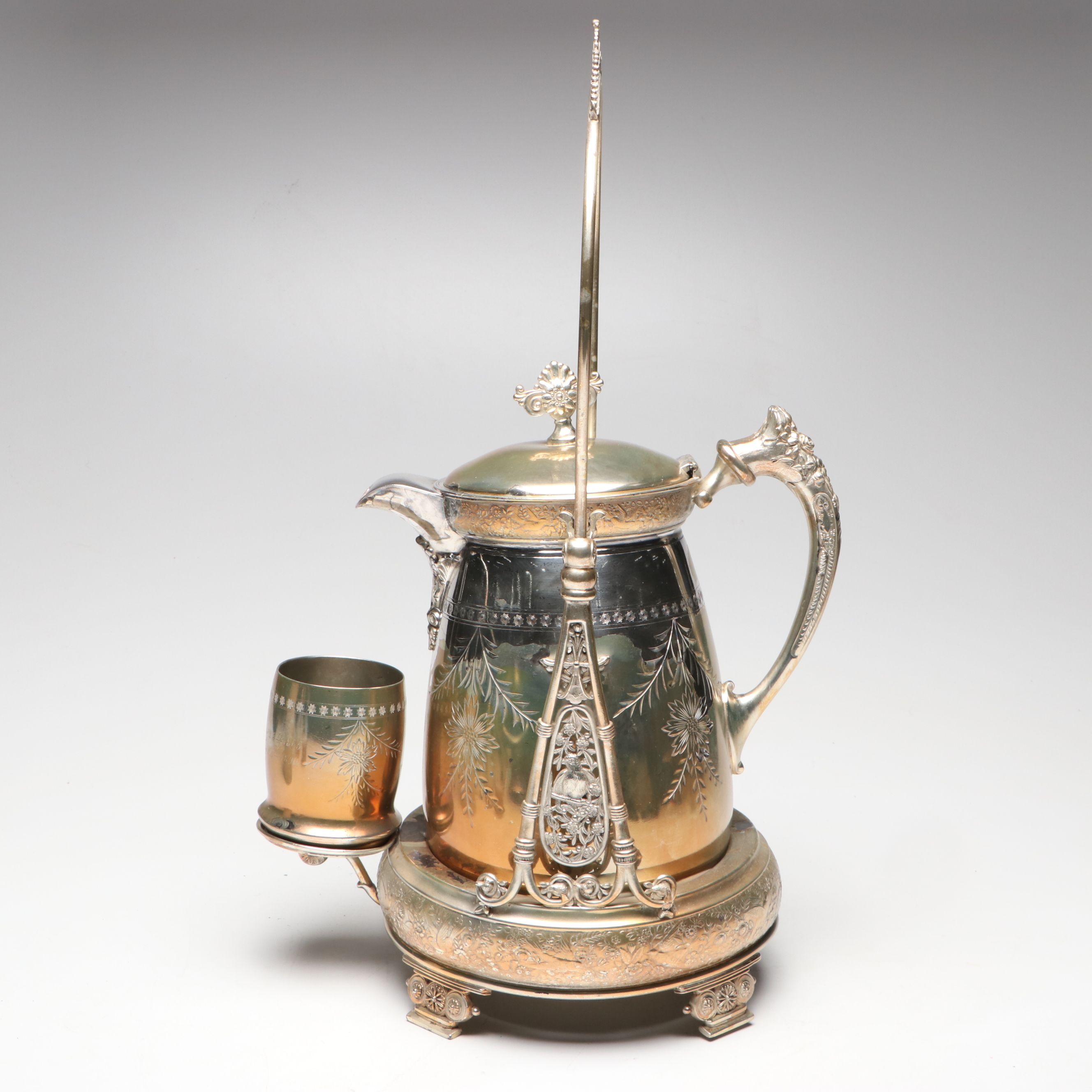 Meriden B. Company Engraved Silver Plate Tilting Water Pitcher with Cup