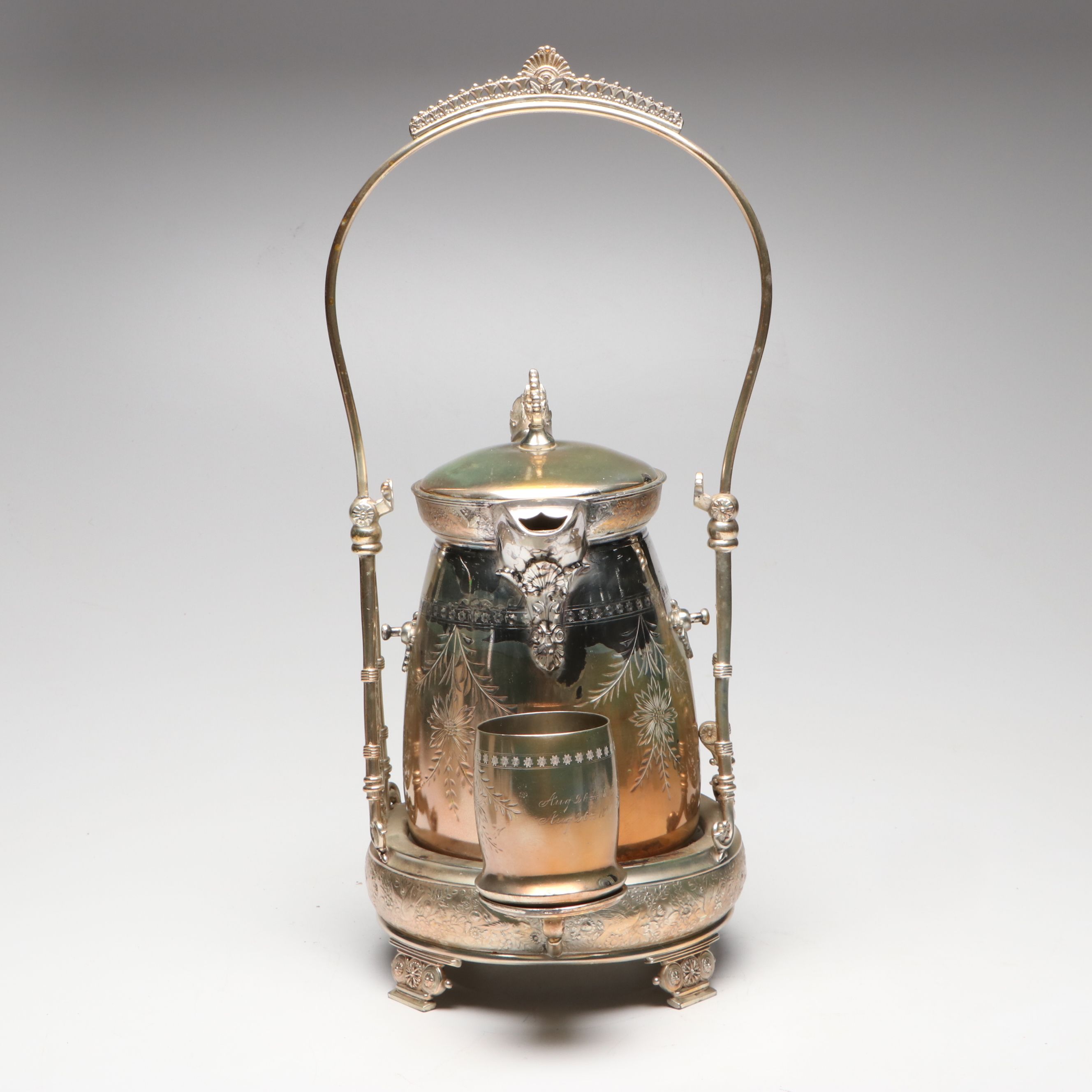 Meriden B. Company Engraved Silver Plate Tilting Water Pitcher with Cup