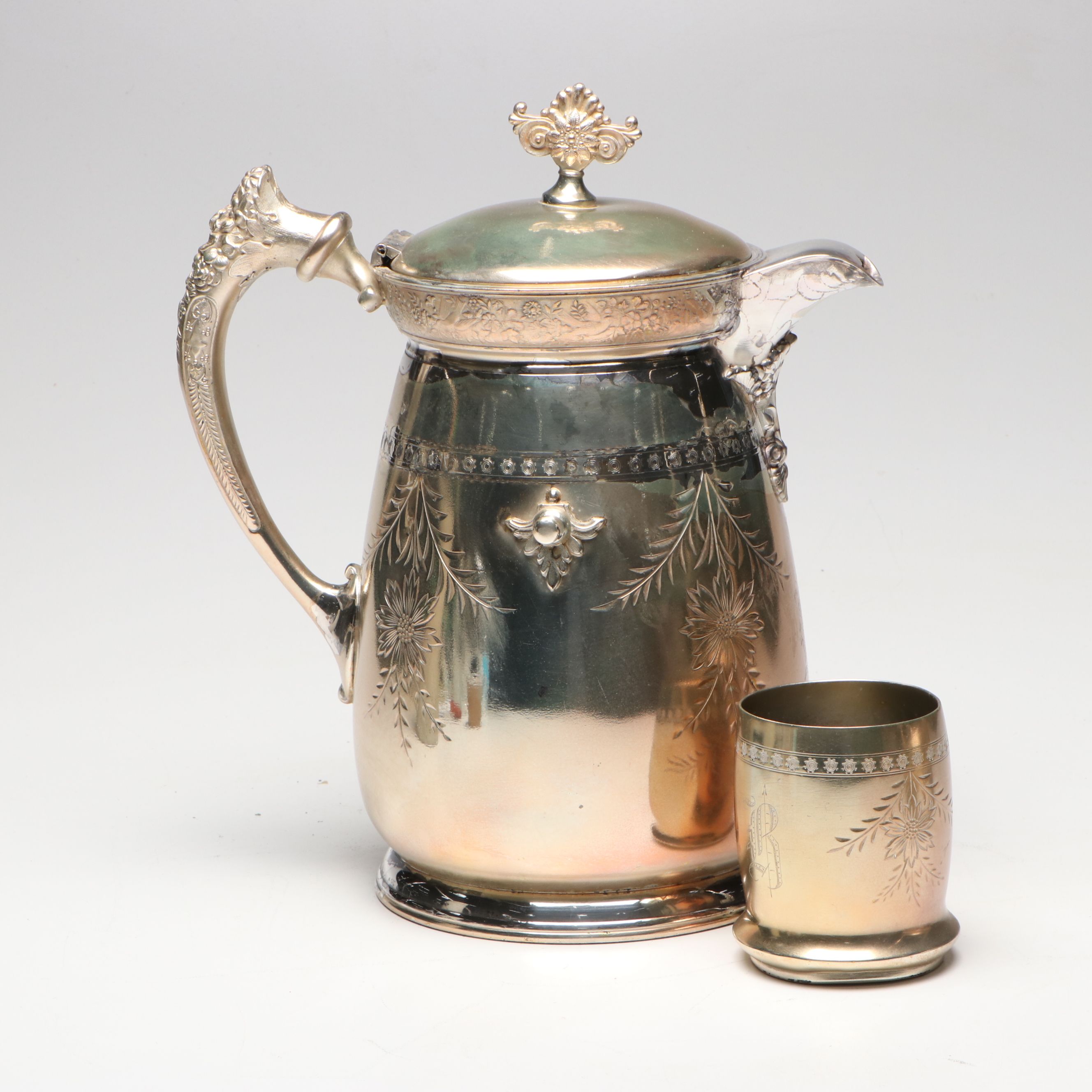 Meriden B. Company Engraved Silver Plate Tilting Water Pitcher with Cup