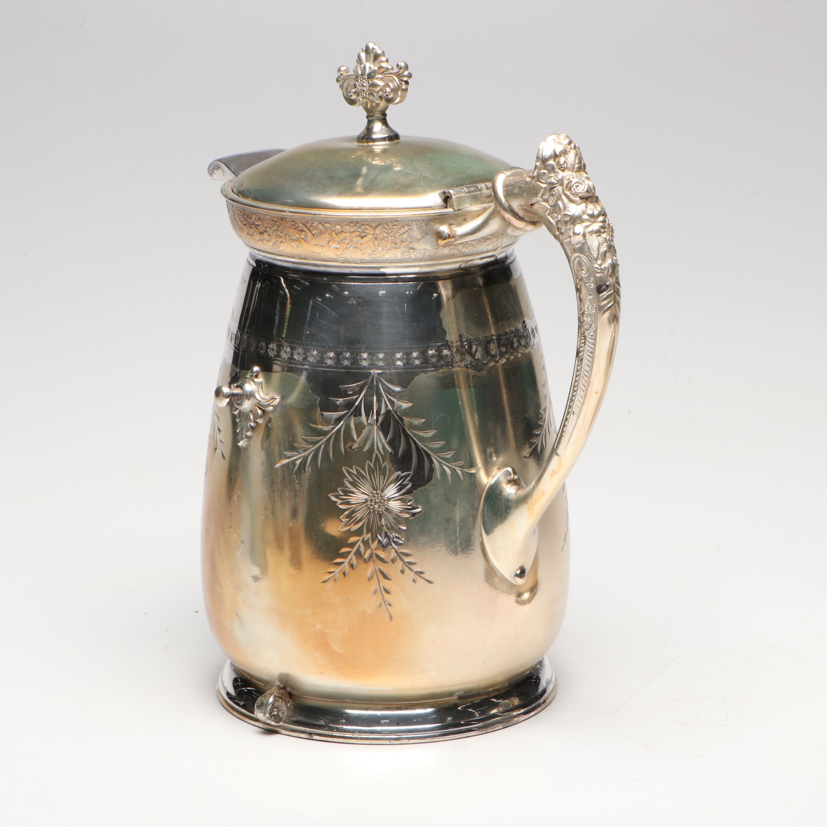 Meriden B. Company Engraved Silver Plate Tilting Water Pitcher with Cup
