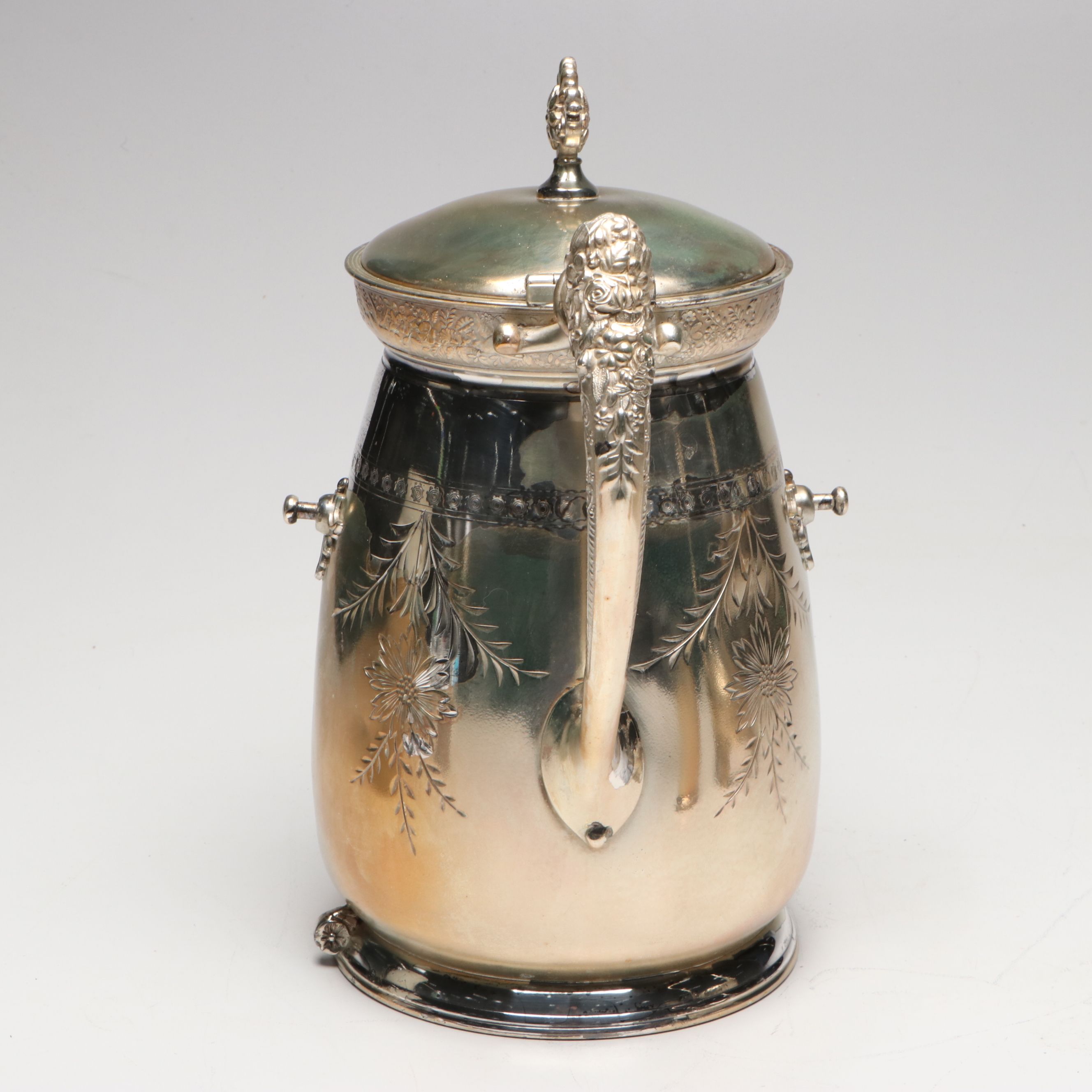 Meriden B. Company Engraved Silver Plate Tilting Water Pitcher with Cup