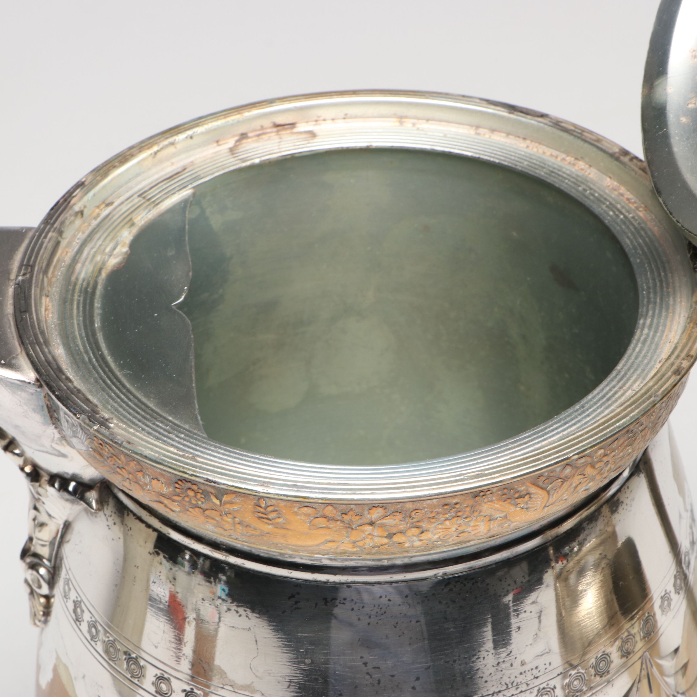 Meriden B. Company Engraved Silver Plate Tilting Water Pitcher with Cup