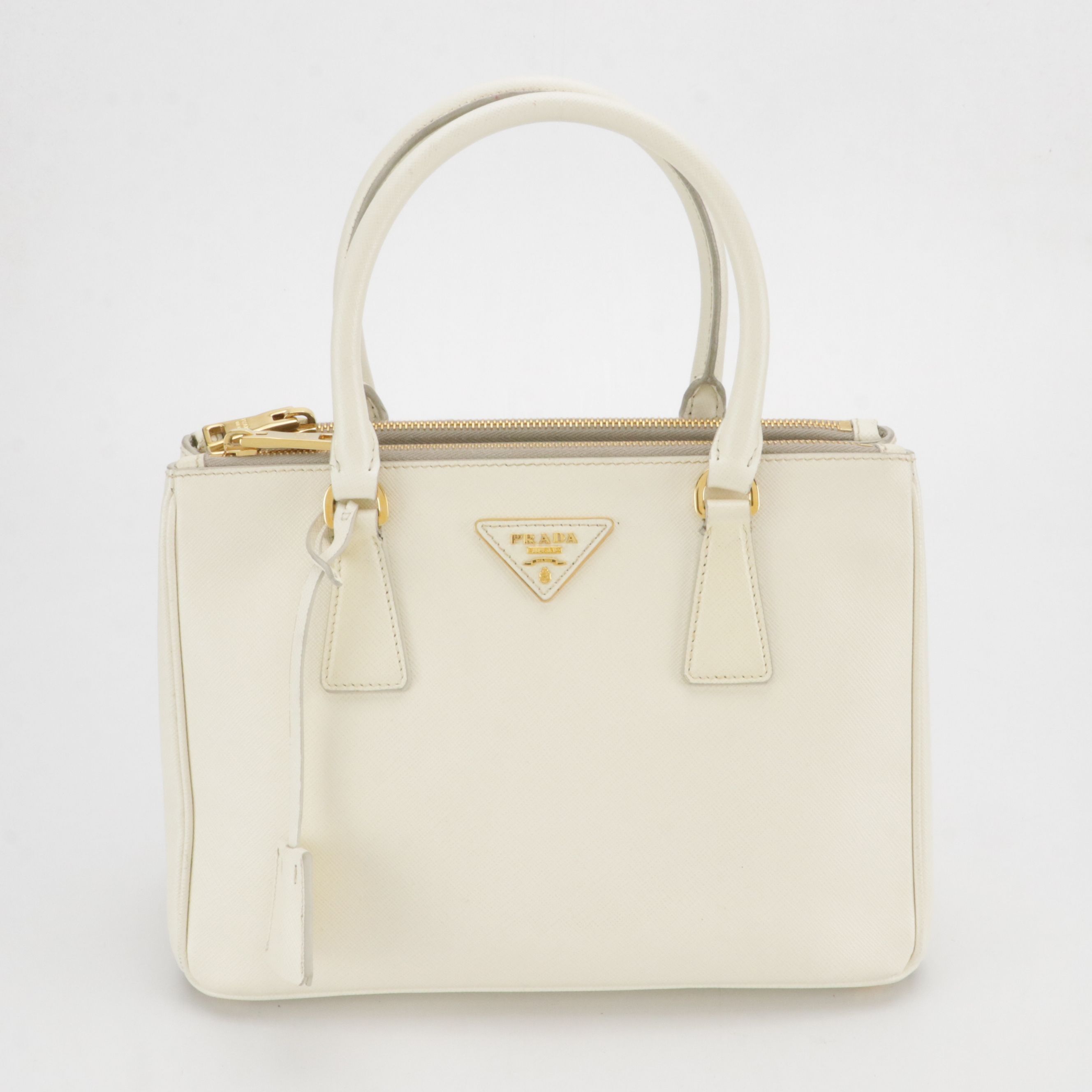 Prada Small Double Galleria Two-Way Tote Bag in White Saffiano Leather