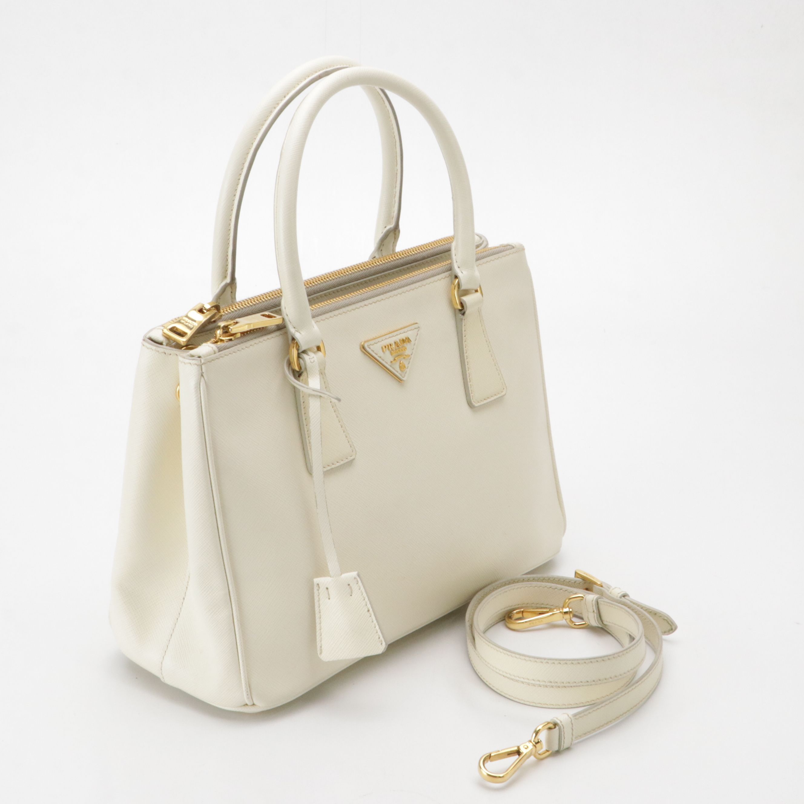 Prada Small Double Galleria Two-Way Tote Bag in White Saffiano Leather