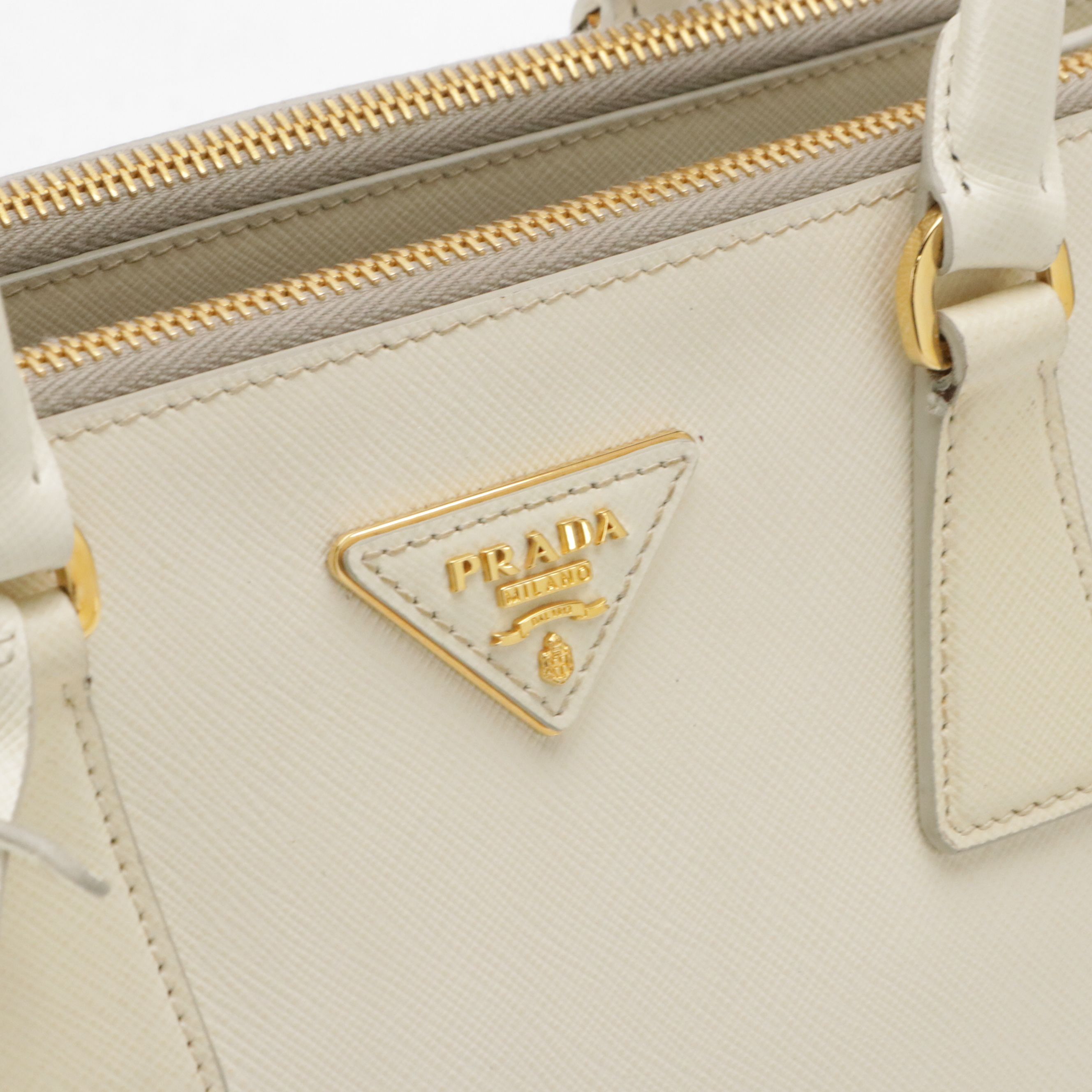 Prada Small Double Galleria Two-Way Tote Bag in White Saffiano Leather