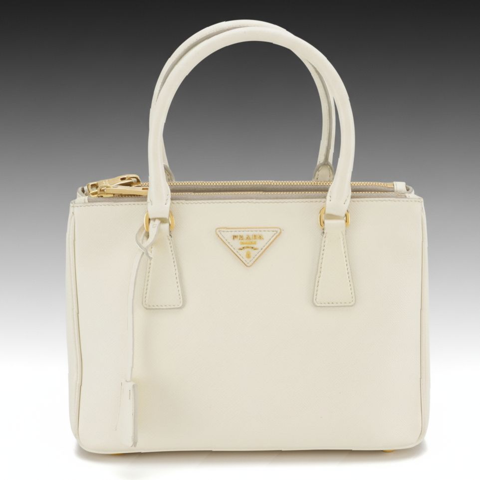 Prada Small Double Galleria Two-Way Tote Bag in White Saffiano Leather