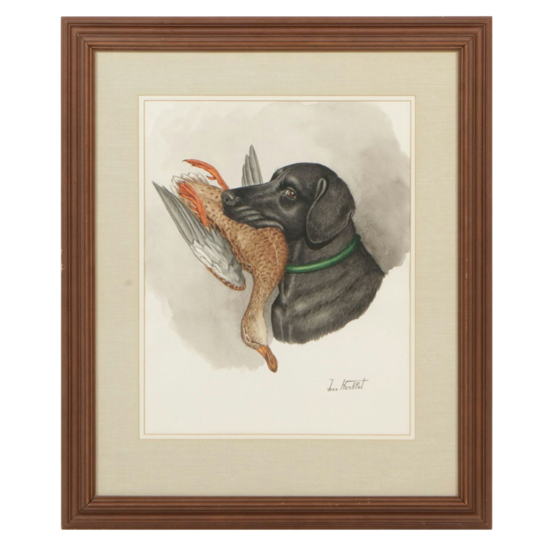 Jean Herblet Watercolor Painting of  Black Labrador Retriever & Game, Mid-20th C