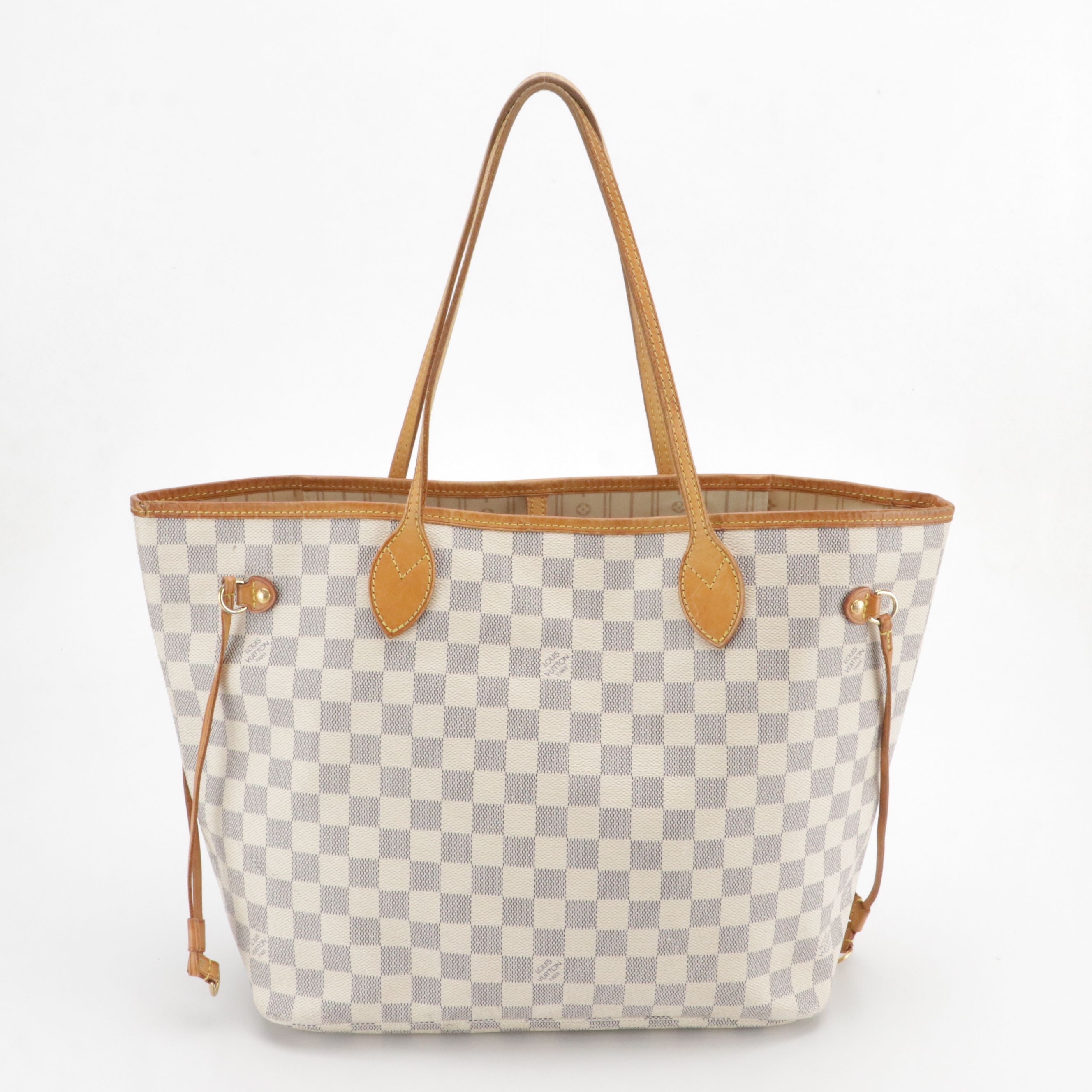 Louis Vuitton Neverfull MM Tote Bag in Damier Azur Canvas and Brown Leather Trim