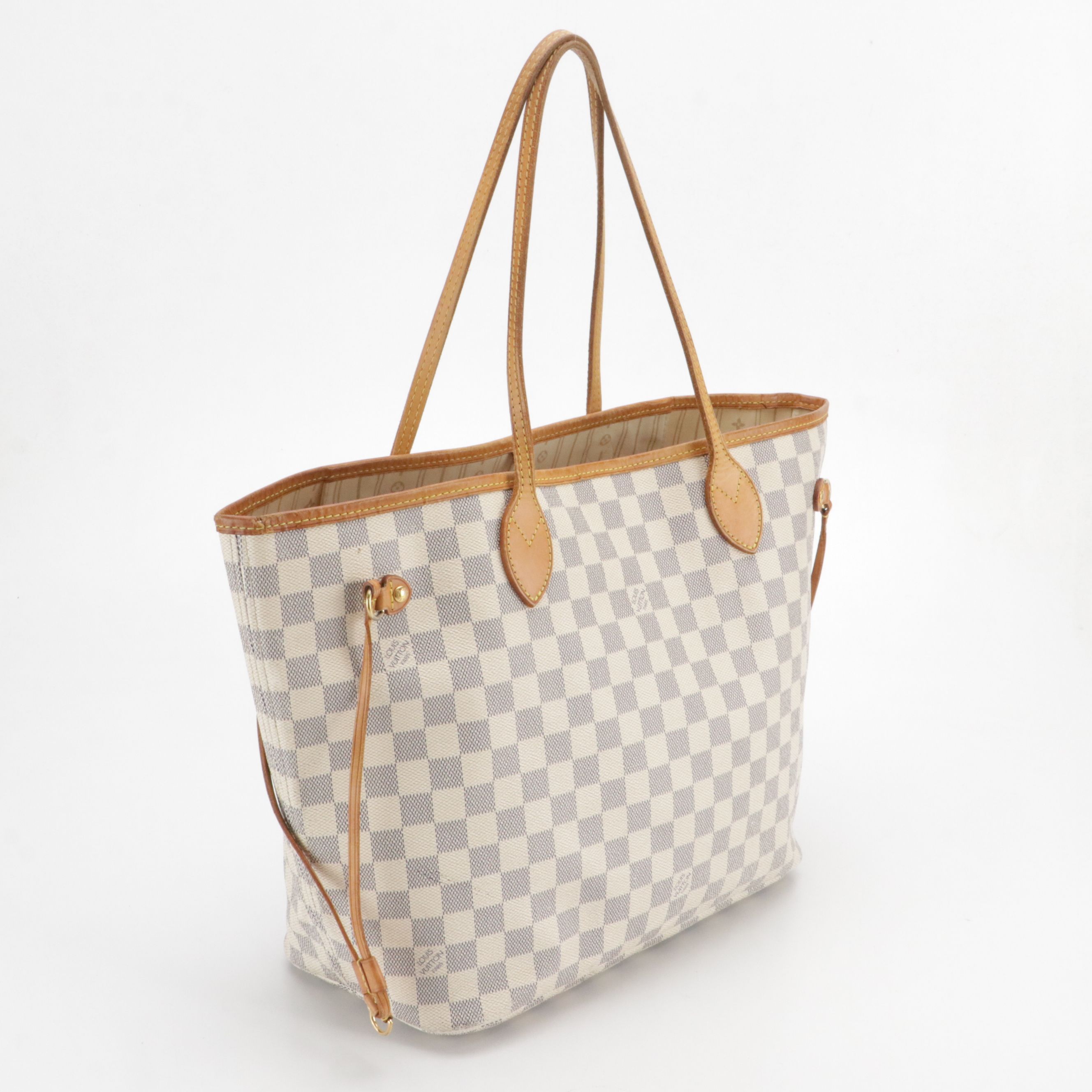 Louis Vuitton Neverfull MM Tote Bag in Damier Azur Canvas and Brown Leather Trim