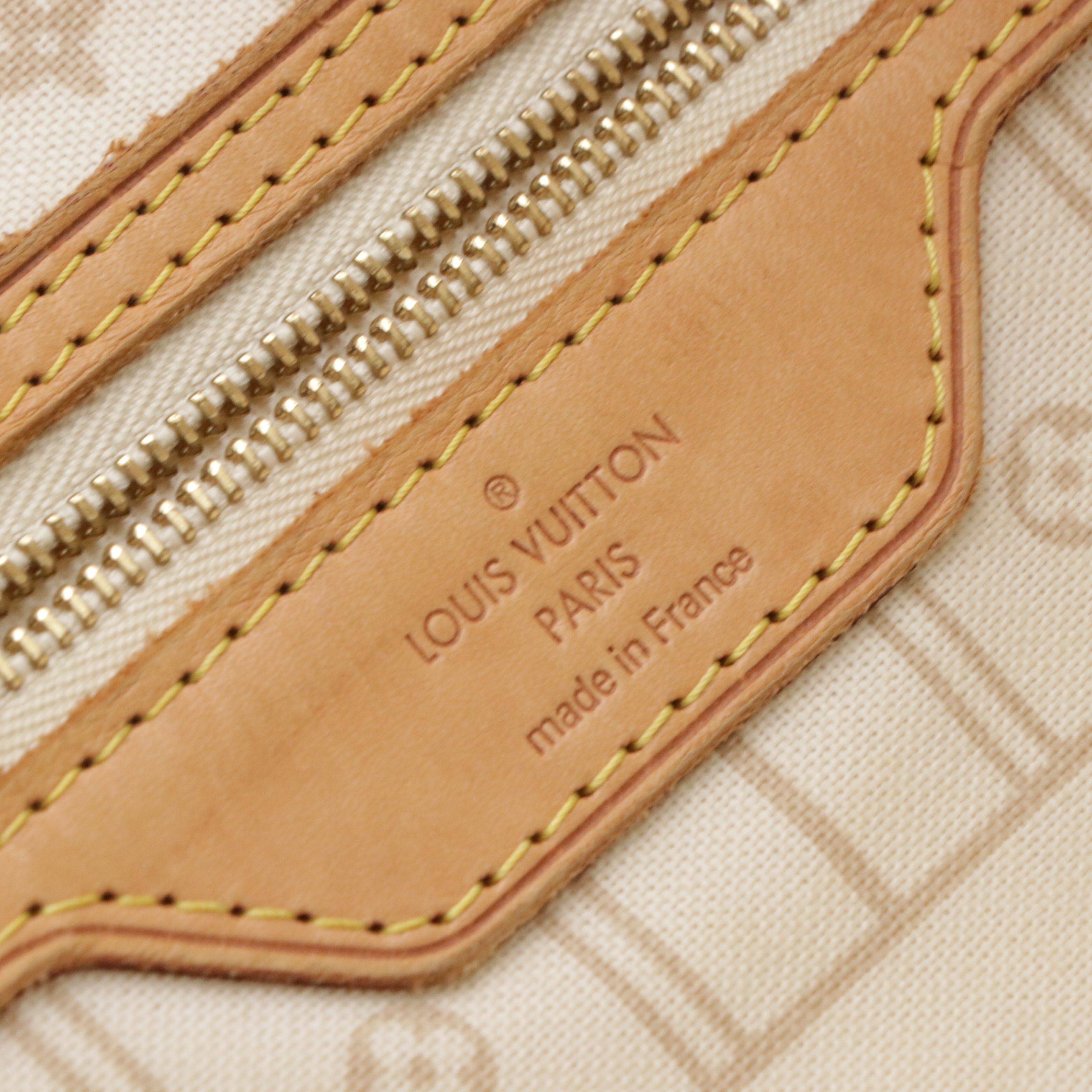 Louis Vuitton Neverfull MM Tote Bag in Damier Azur Canvas and Brown Leather Trim