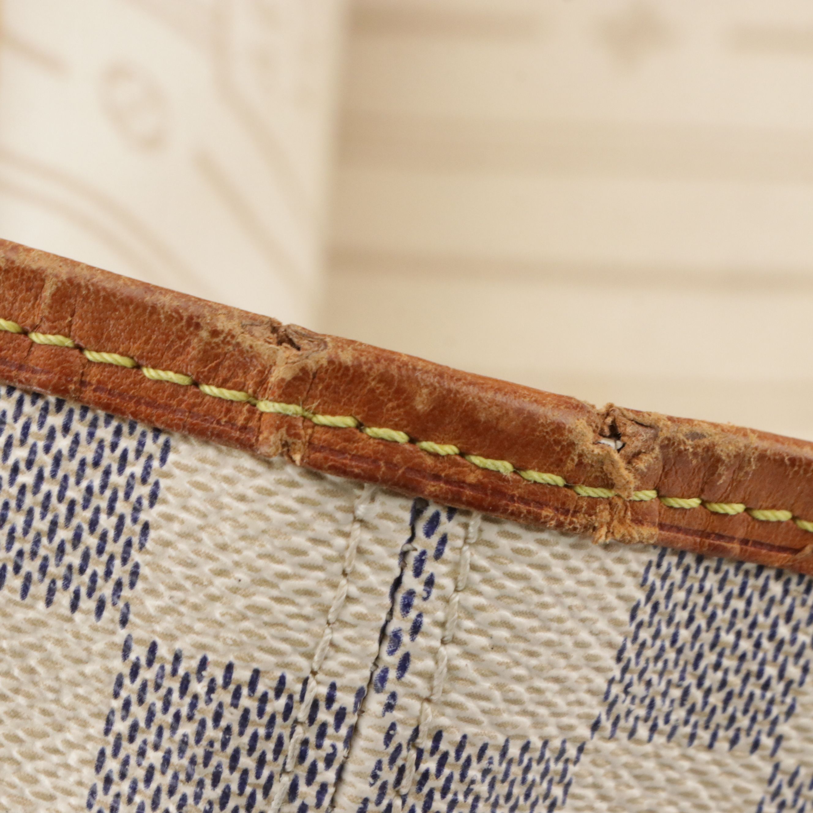 Louis Vuitton Neverfull MM Tote Bag in Damier Azur Canvas and Brown Leather Trim