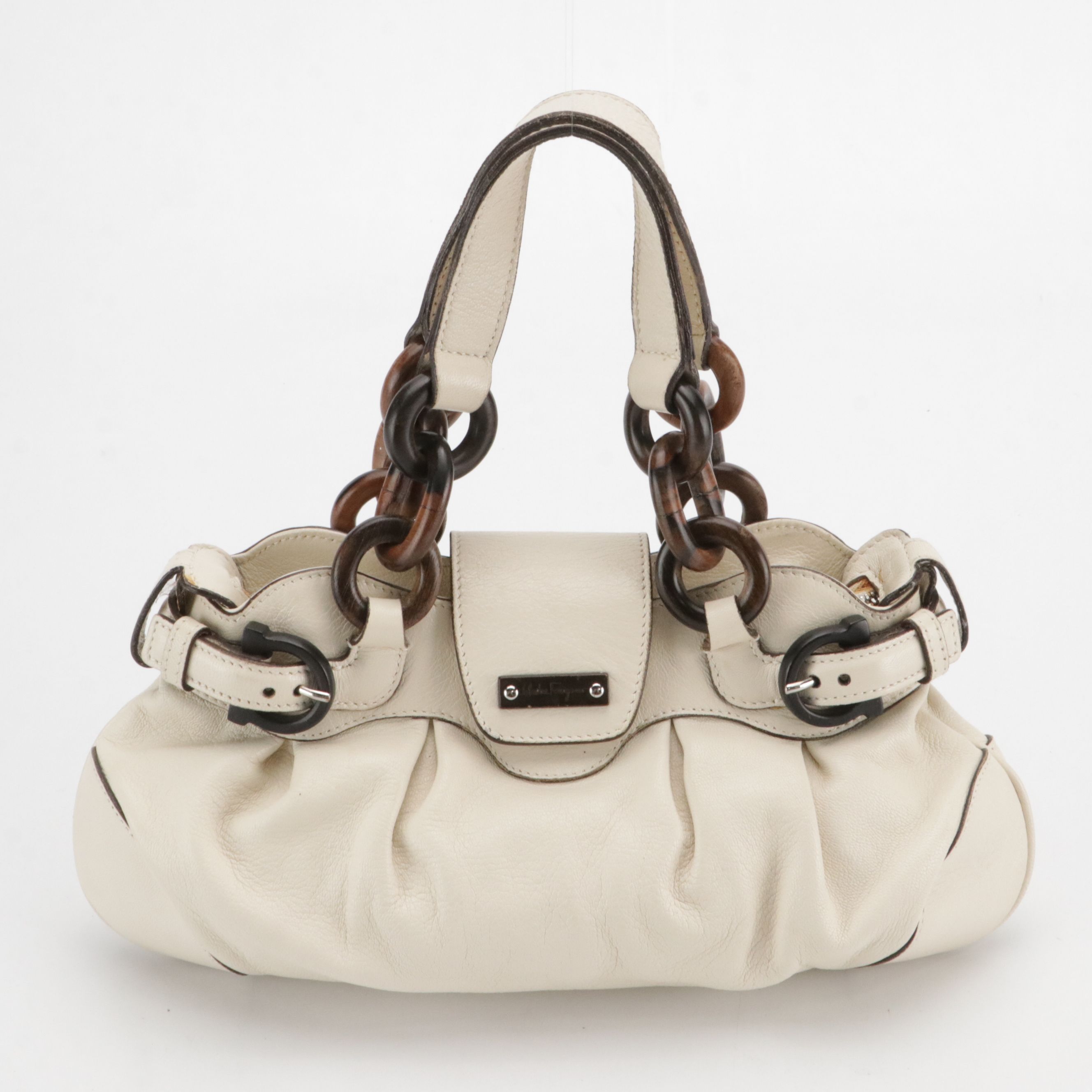 Salvatore Ferragamo Mini Marisa Handbag in Ivory Calfskin With Wood Detailing