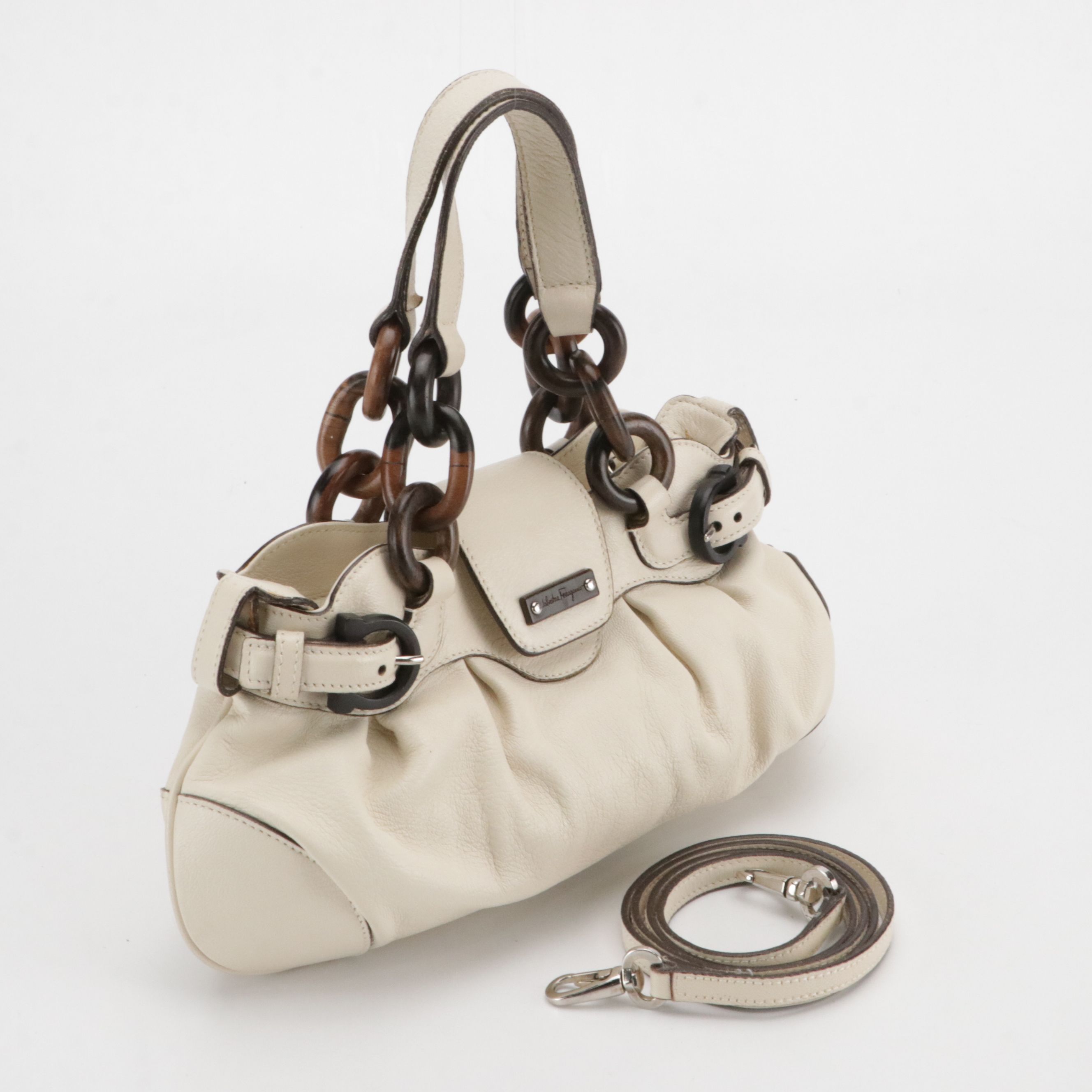 Salvatore Ferragamo Mini Marisa Handbag in Ivory Calfskin With Wood Detailing