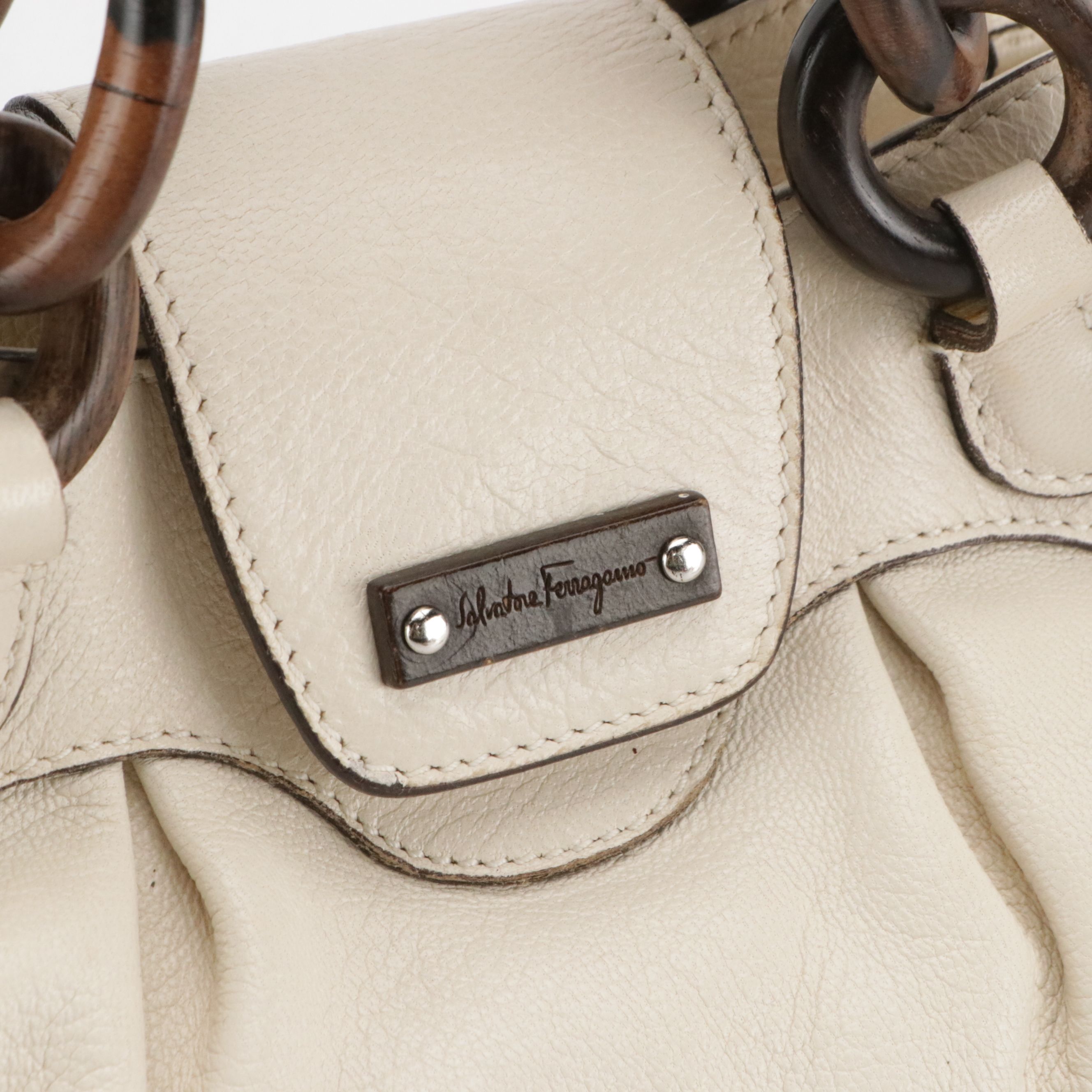 Salvatore Ferragamo Mini Marisa Handbag in Ivory Calfskin With Wood Detailing