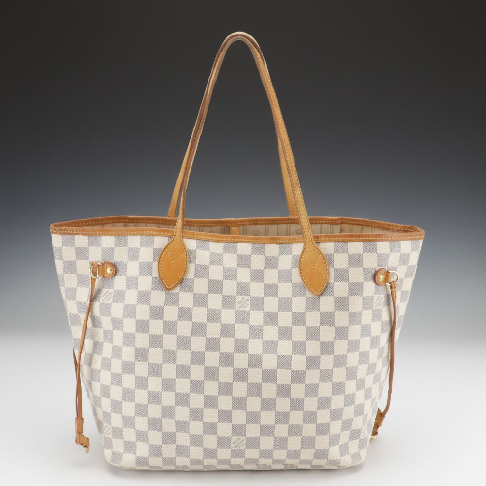Louis Vuitton Neverfull MM Tote Bag in Damier Azur Canvas and Brown Leather Trim