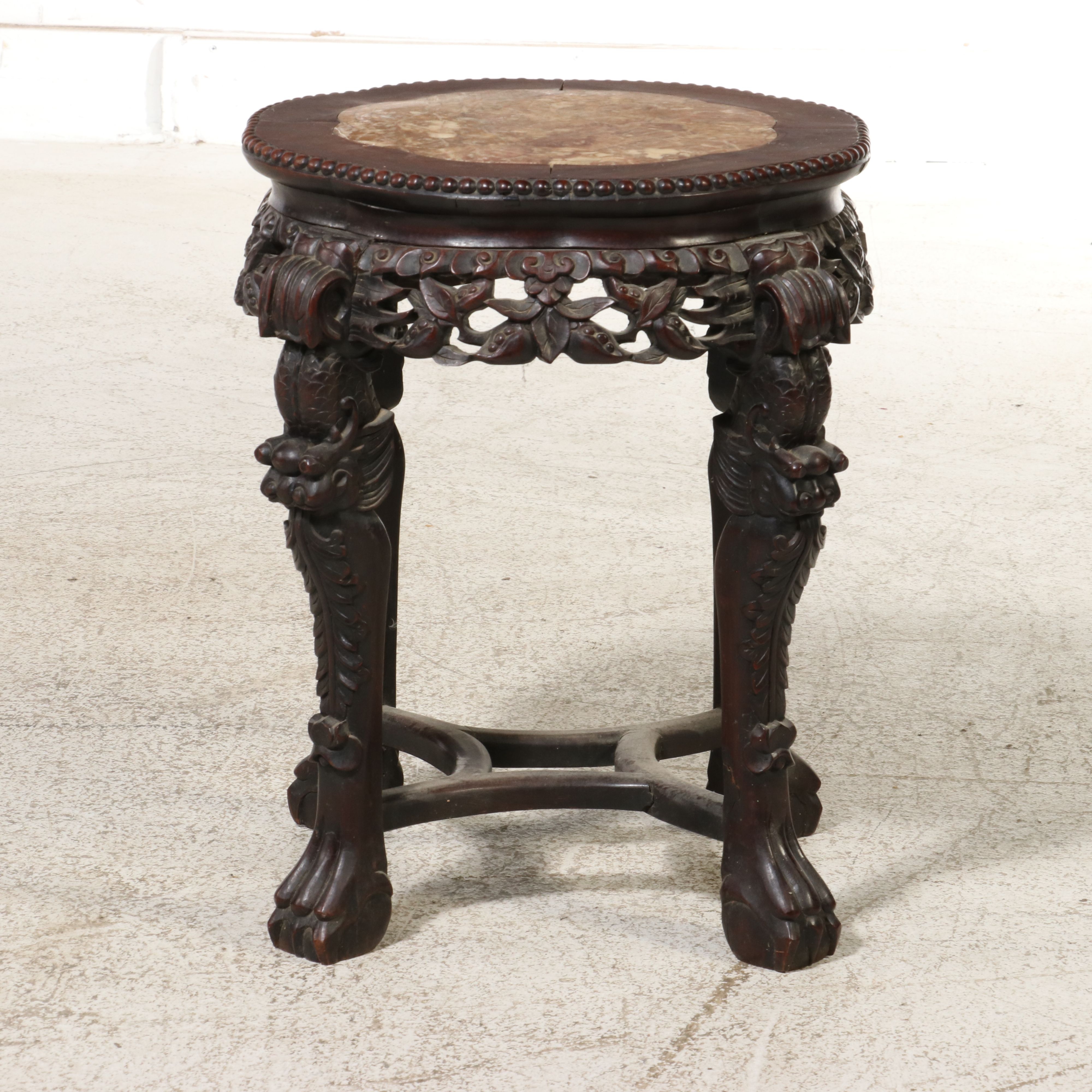 Chinese Carved Hardwood and Marble Top Pedestal Stand, Late 19th/Early 20th C.
