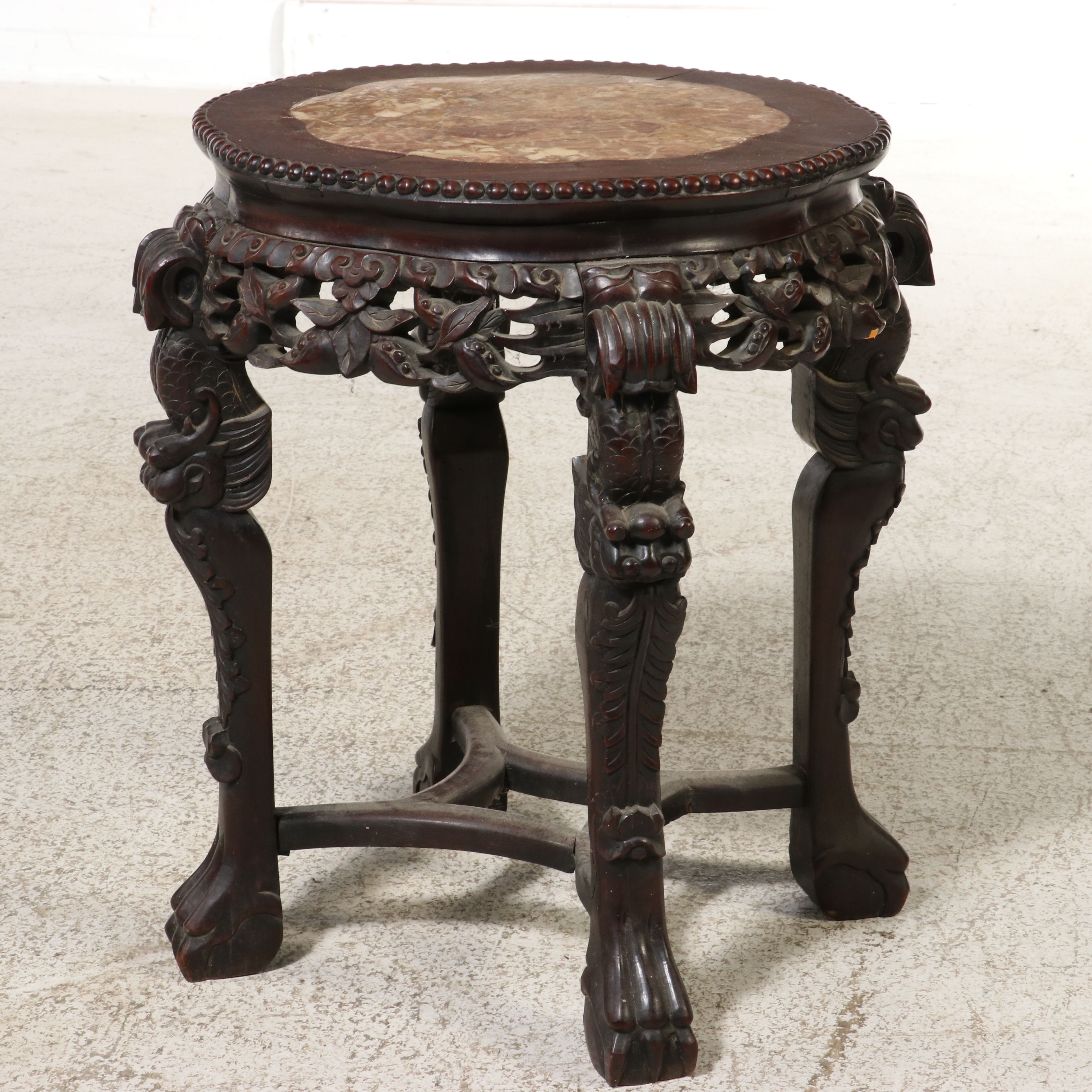 Chinese Carved Hardwood and Marble Top Pedestal Stand, Late 19th/Early 20th C.