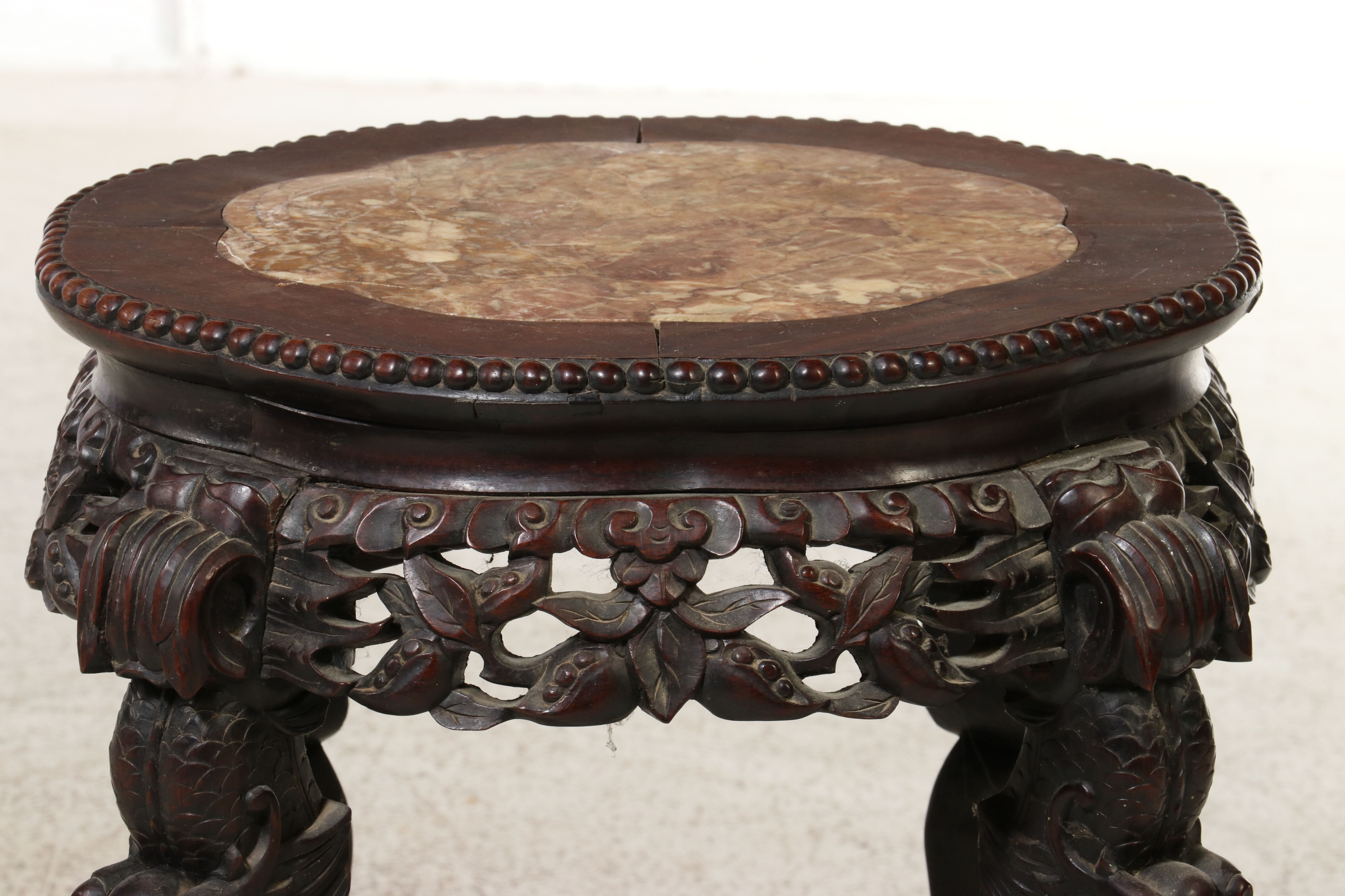 Chinese Carved Hardwood and Marble Top Pedestal Stand, Late 19th/Early 20th C.