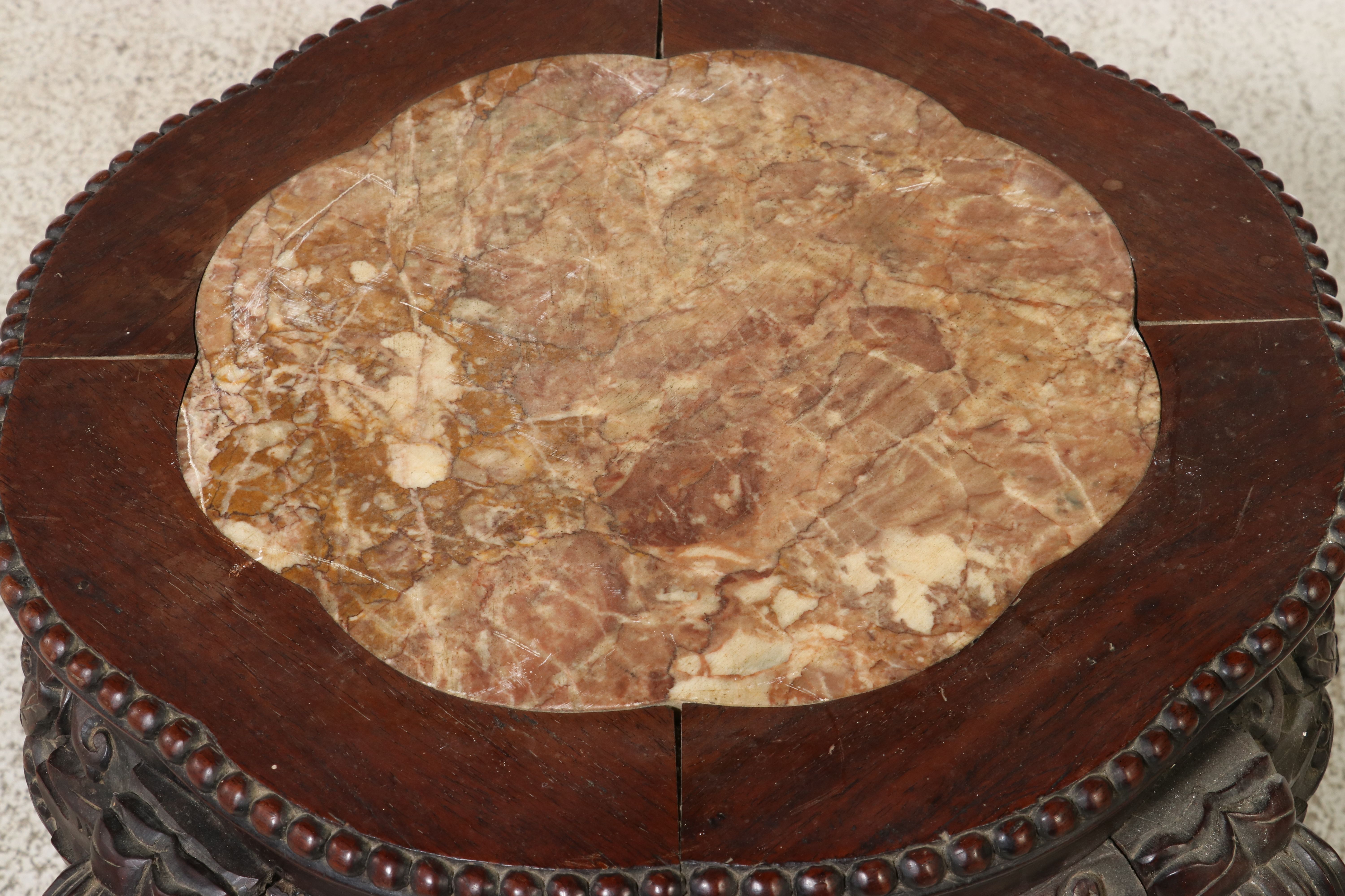 Chinese Carved Hardwood and Marble Top Pedestal Stand, Late 19th/Early 20th C.